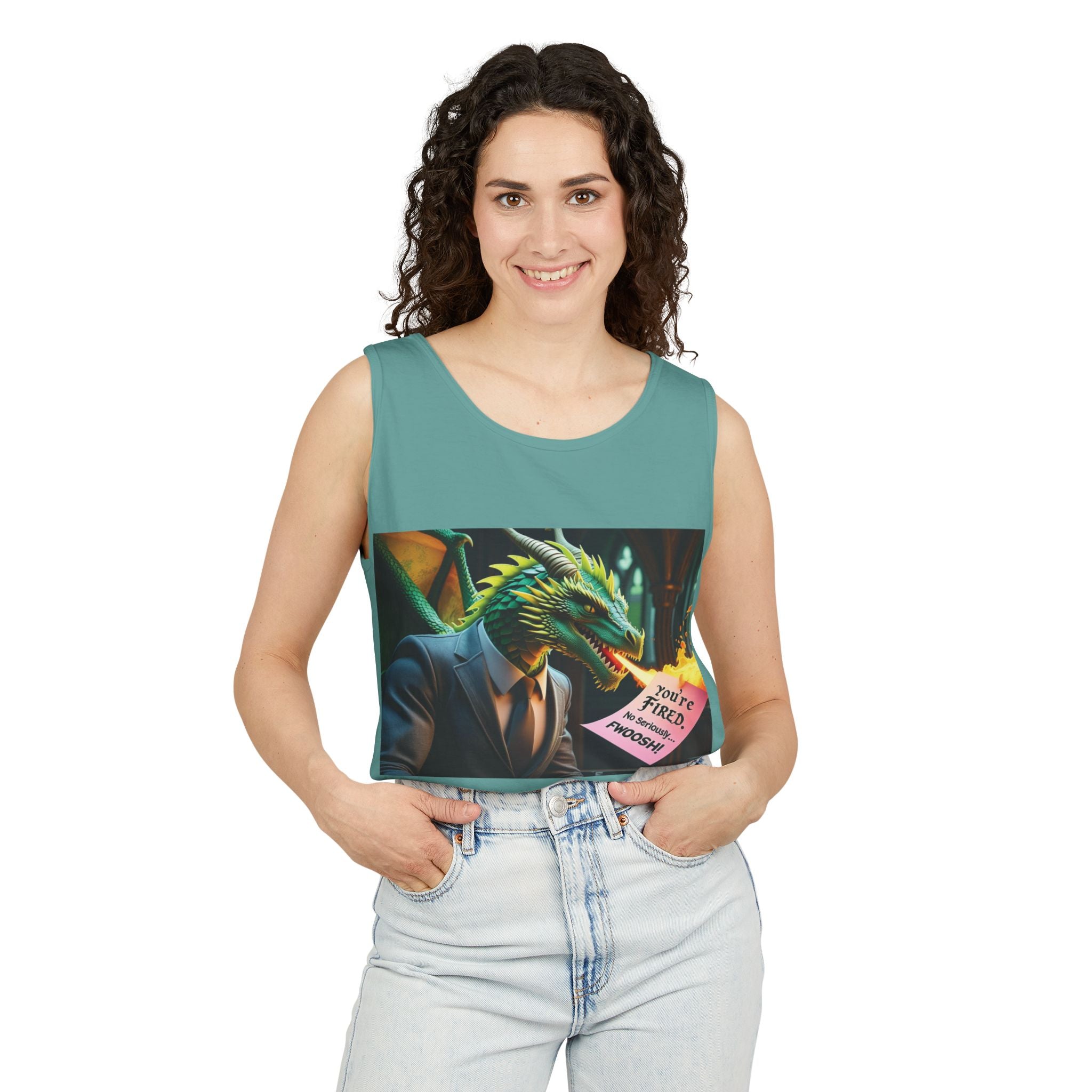Funny "You're Fired!" Dragon Art Unisex Tank Top, Soft Fabric, Summer Essential, Perfect for Festivals, Gifts for Fantasy Lovers, Casual Wear