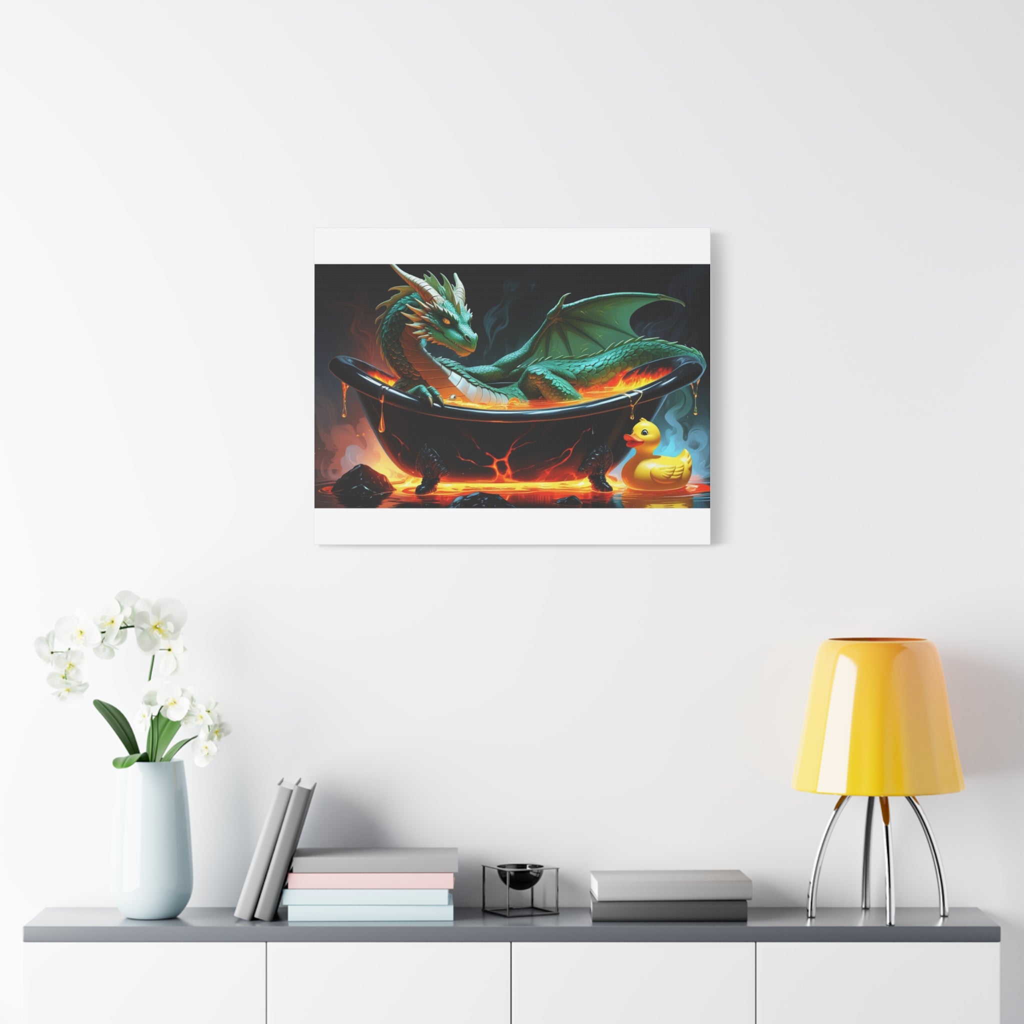 Whimsical Dragon In A Tub  Canvas Wall Art, Fantasy Decor, Kids Room Decor, Unique Gifts for Dragon Lovers, Cute Bathroom Art, Magical Home Decor