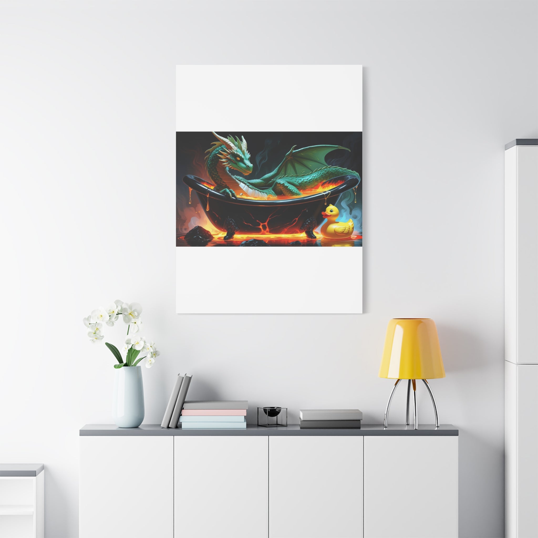 Whimsical Dragon In A Tub  Canvas Wall Art, Fantasy Decor, Kids Room Decor, Unique Gifts for Dragon Lovers, Cute Bathroom Art, Magical Home Decor