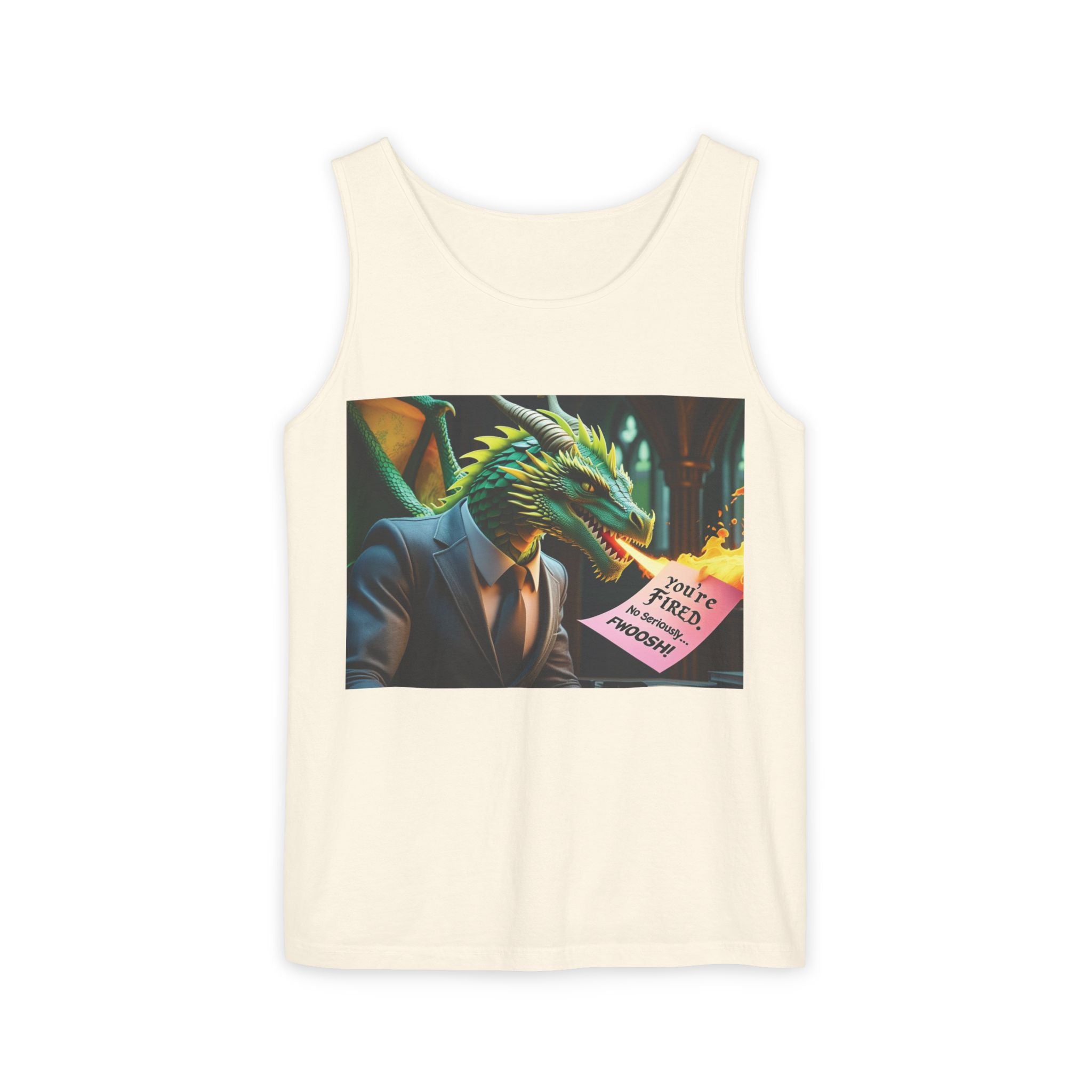 Funny "You're Fired!" Dragon Art Unisex Tank Top, Soft Fabric, Summer Essential, Perfect for Festivals, Gifts for Fantasy Lovers, Casual Wear