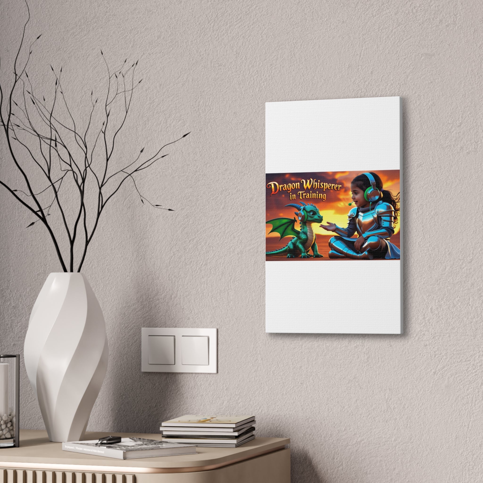 Dragon Whisperer (Girl) Canvas Print, Fantasy Wall Art, Kids Room Decor, Magical Artwork, Gift for Dragon Lovers, Adventure Theme