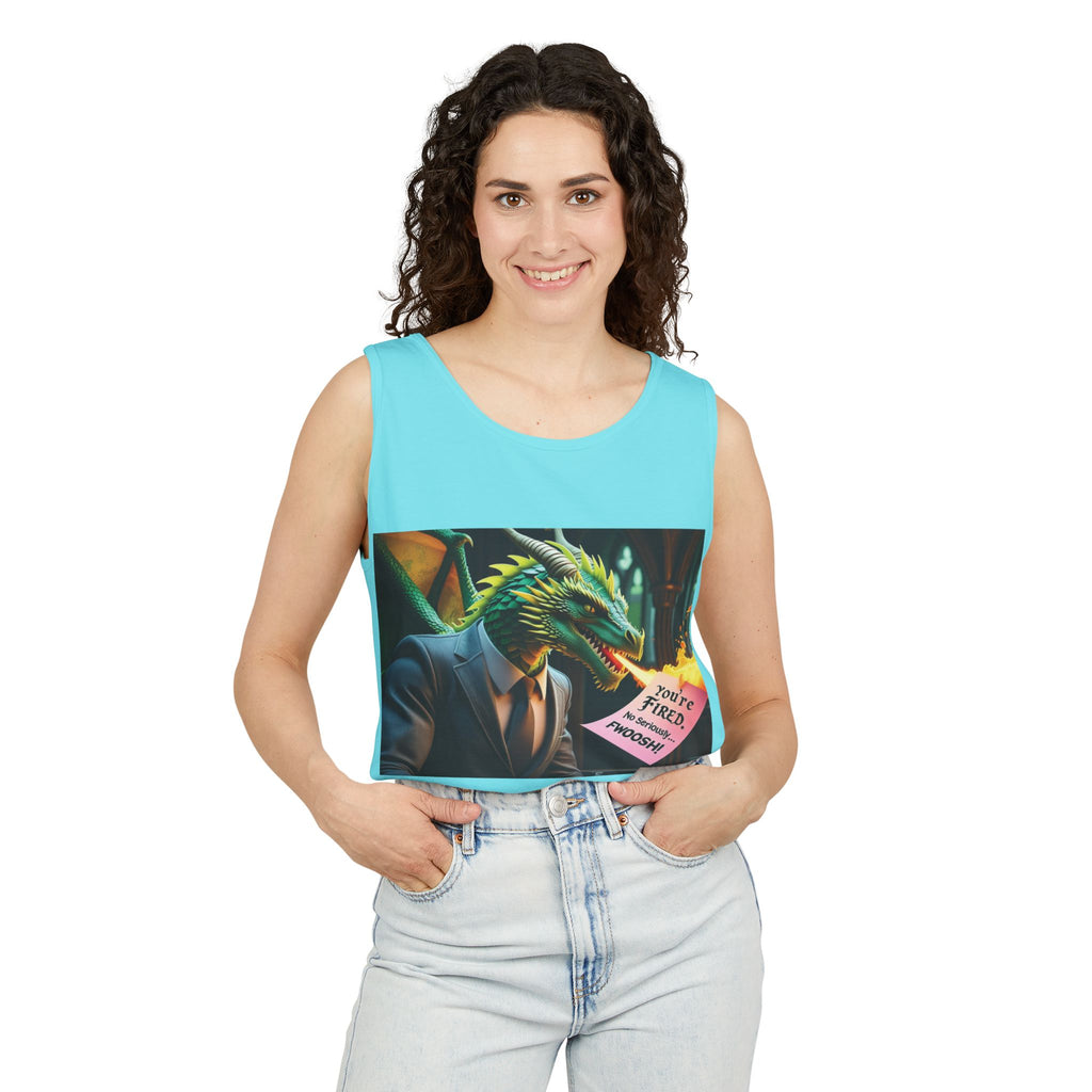 Funny "You're Fired!" Dragon Art Unisex Tank Top, Soft Fabric, Summer Essential, Perfect for Festivals, Gifts for Fantasy Lovers, Casual Wear