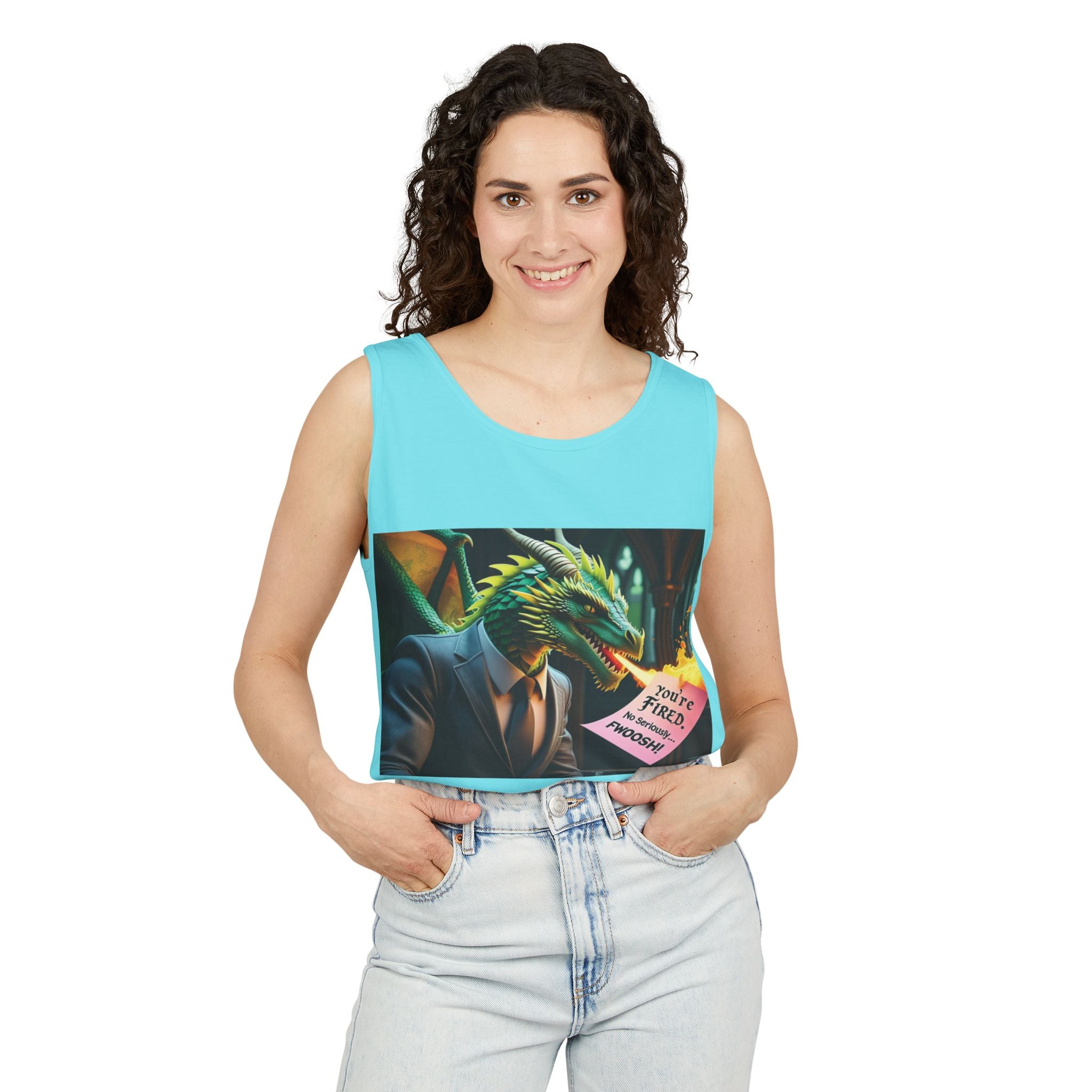 Funny "You're Fired!" Dragon Art Unisex Tank Top, Soft Fabric, Summer Essential, Perfect for Festivals, Gifts for Fantasy Lovers, Casual Wear