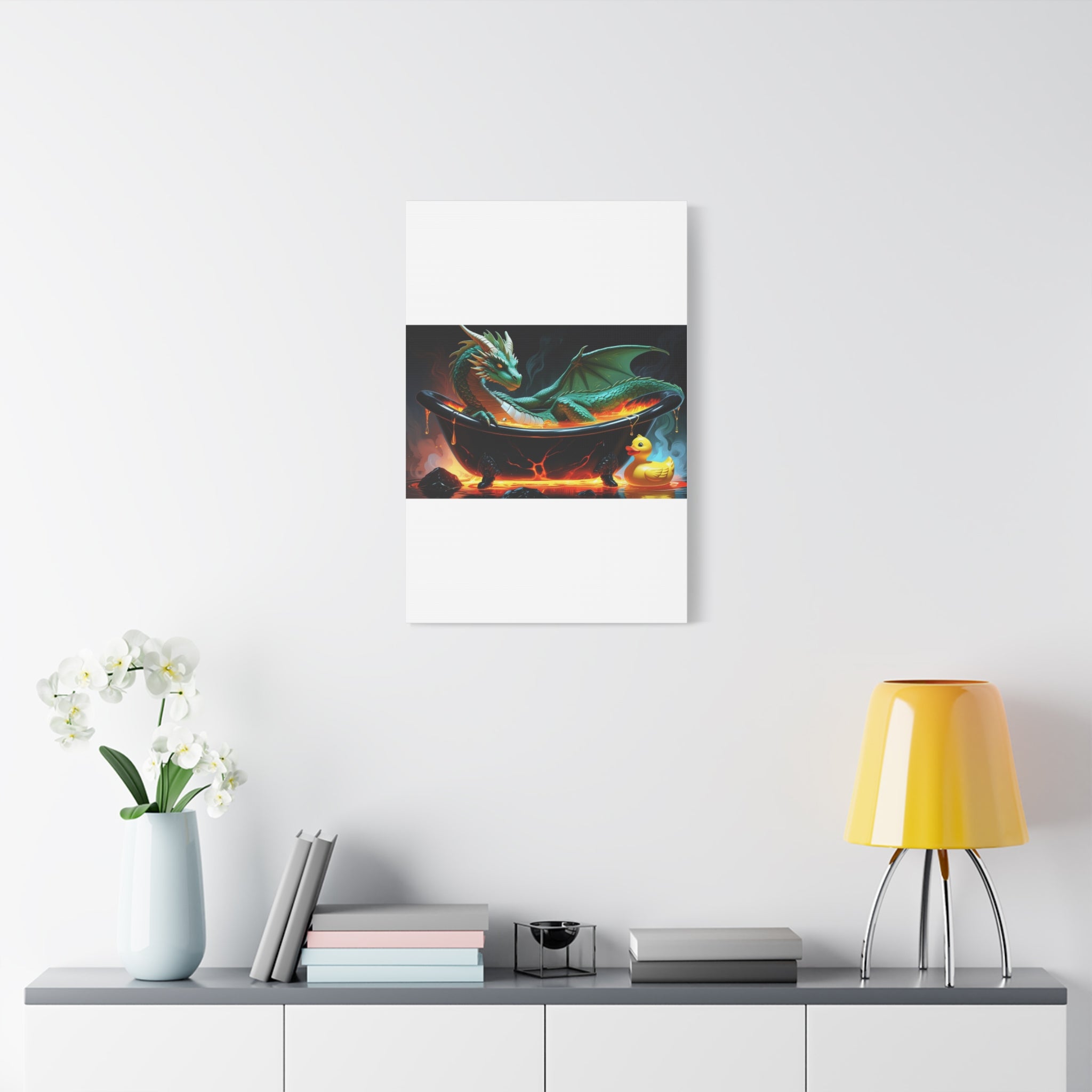 Whimsical Dragon In A Tub  Canvas Wall Art, Fantasy Decor, Kids Room Decor, Unique Gifts for Dragon Lovers, Cute Bathroom Art, Magical Home Decor