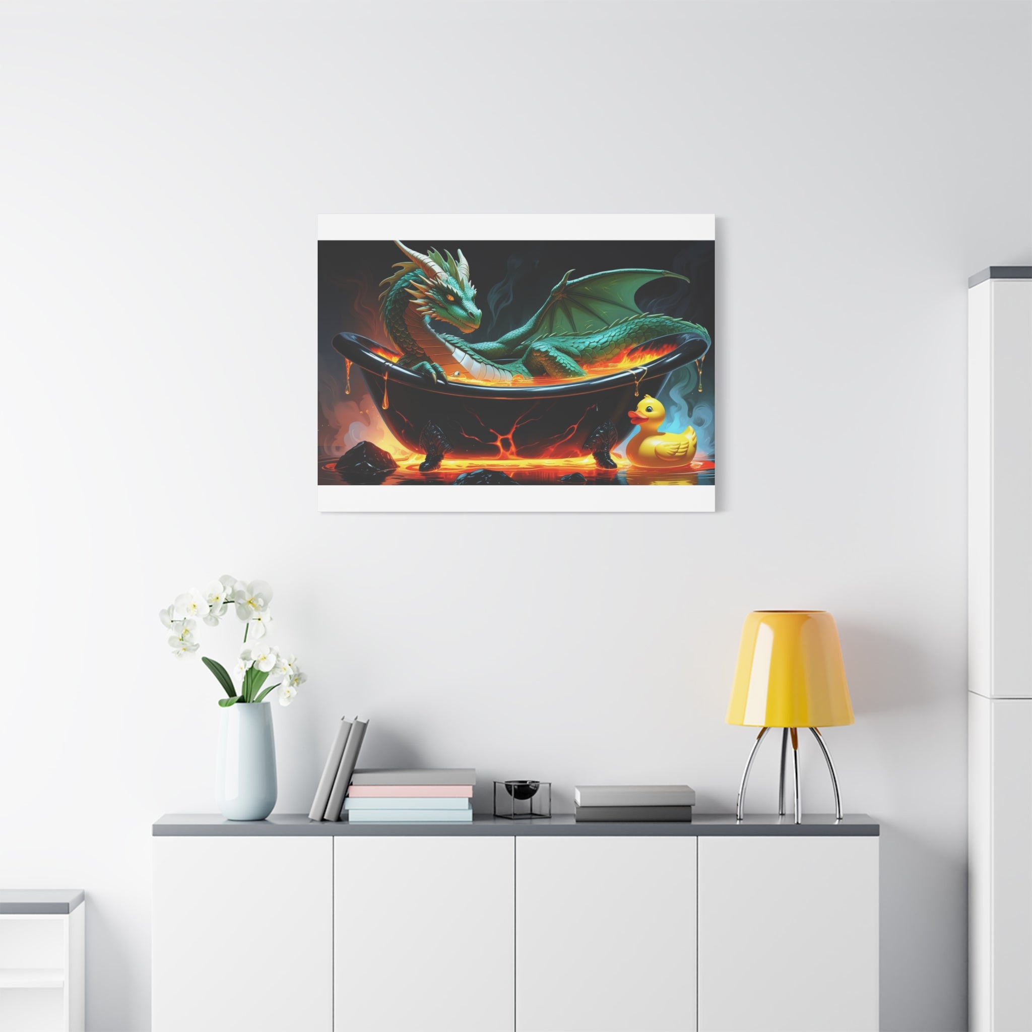 Whimsical Dragon In A Tub  Canvas Wall Art, Fantasy Decor, Kids Room Decor, Unique Gifts for Dragon Lovers, Cute Bathroom Art, Magical Home Decor