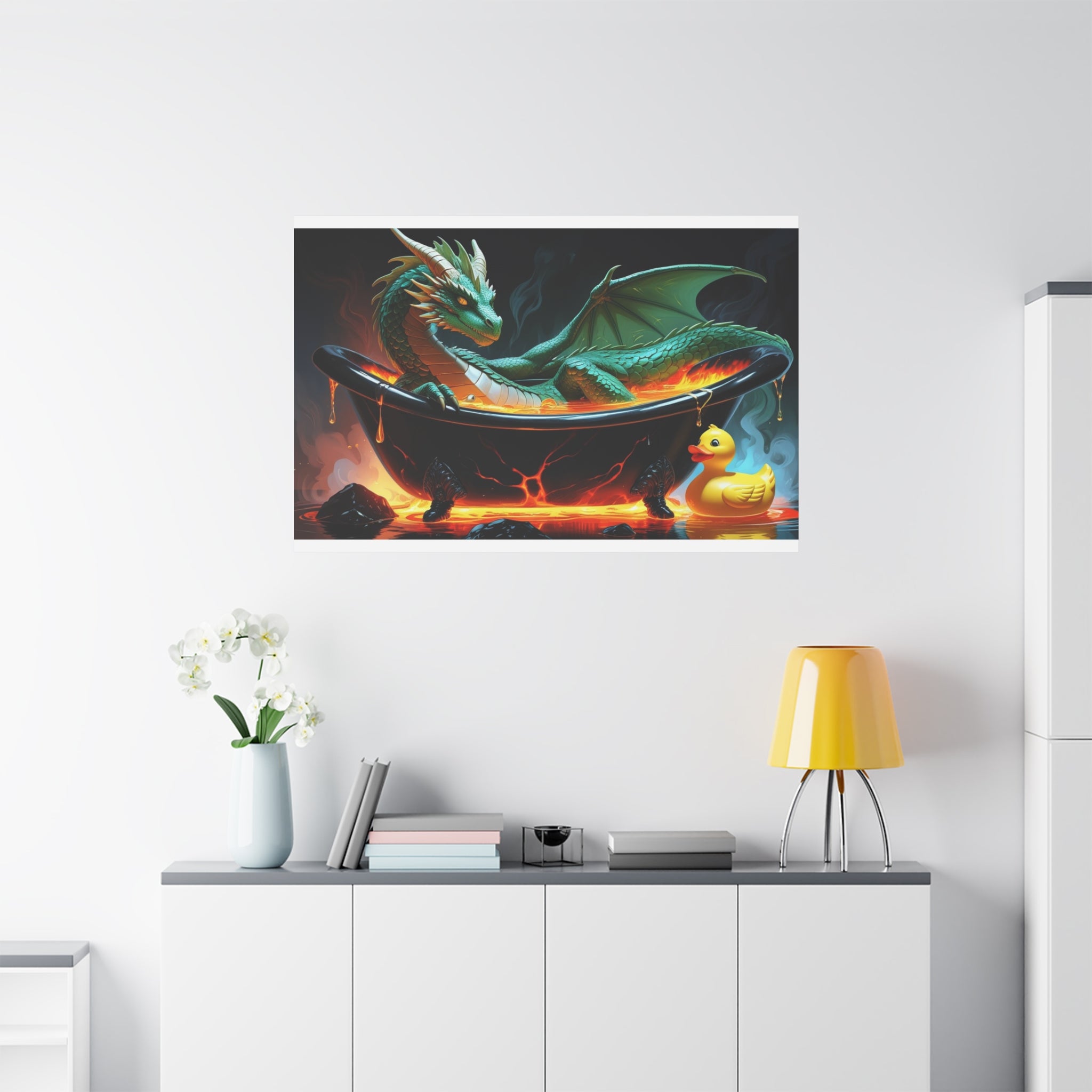 Whimsical Dragon In A Tub  Canvas Wall Art, Fantasy Decor, Kids Room Decor, Unique Gifts for Dragon Lovers, Cute Bathroom Art, Magical Home Decor