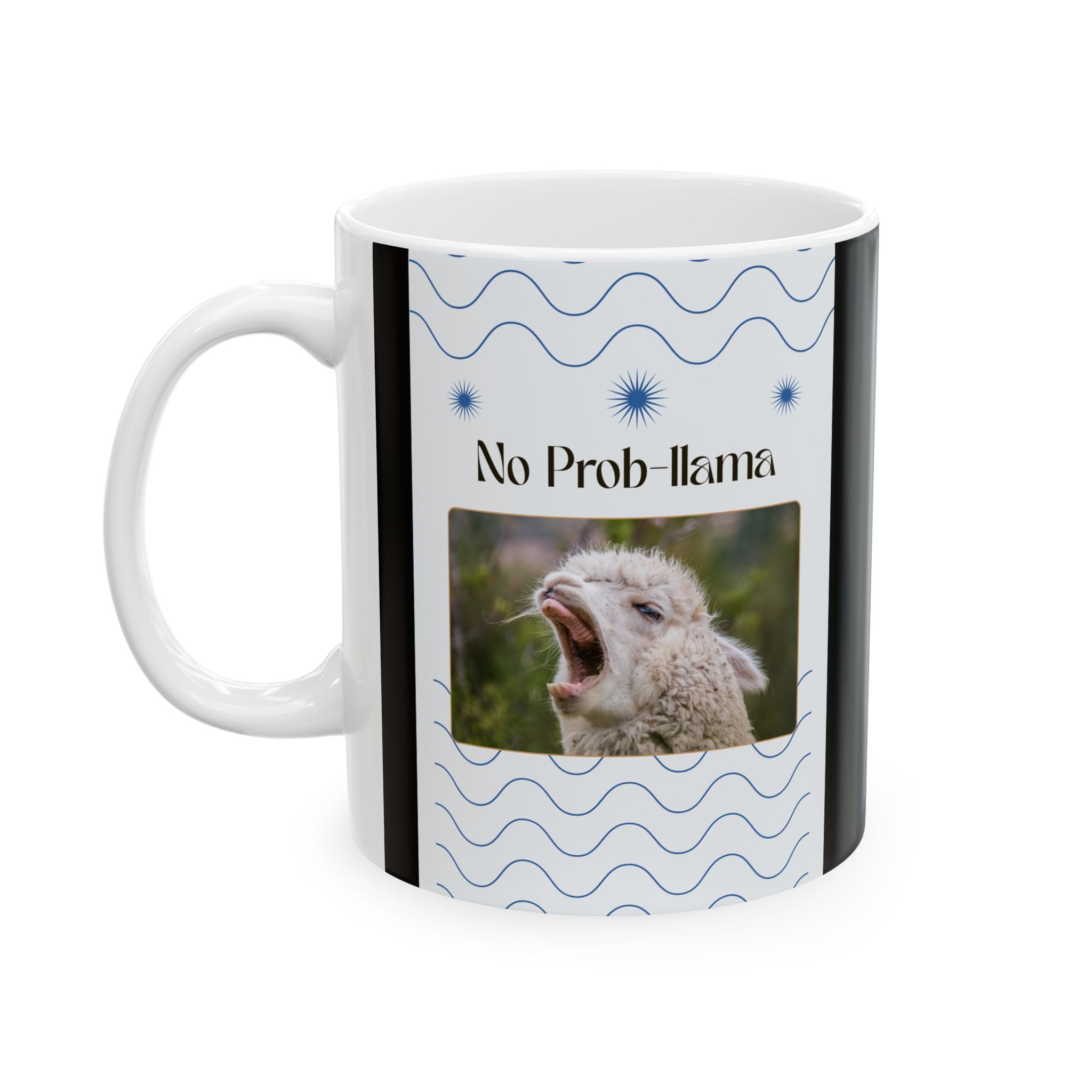 No Prob-llama Funny Llama Coffee Mug – Cute Animal Pun Gift for Adults, Black Ceramic Cup, Cartoon Llama in Pajamas