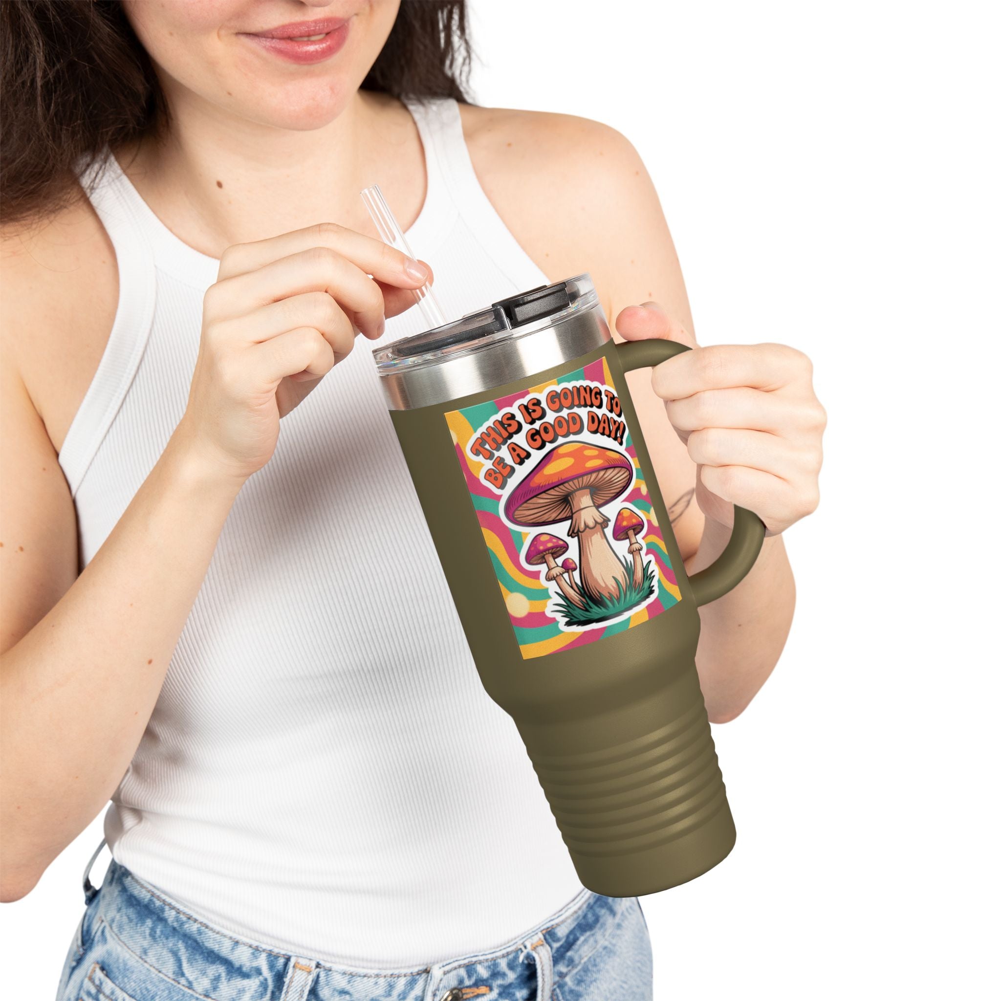 Colorful Happy Mushroom Insulated Travel Mug - Perfect for Adventures, Gifts, Summer Vibes, Camping, Road Trips, Daily Motivation