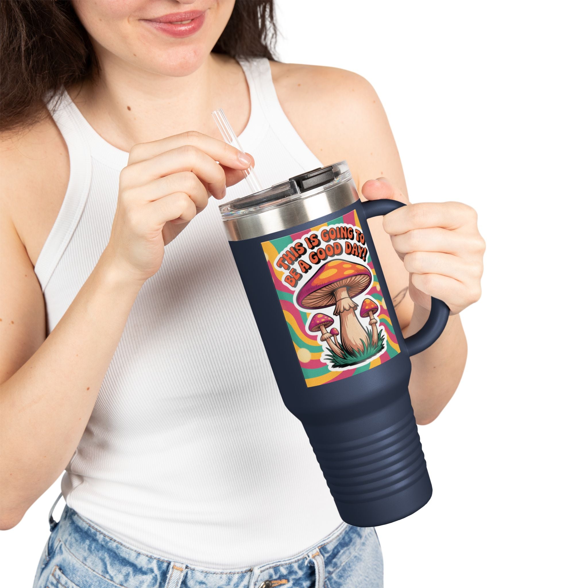 Colorful Happy Mushroom Insulated Travel Mug - Perfect for Adventures, Gifts, Summer Vibes, Camping, Road Trips, Daily Motivation
