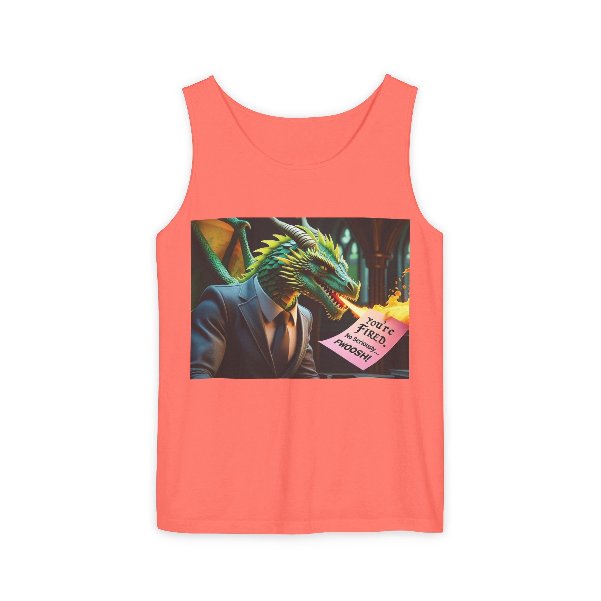 Funny "You're Fired!" Dragon Art Unisex Tank Top, Soft Fabric, Summer Essential, Perfect for Festivals, Gifts for Fantasy Lovers, Casual Wear