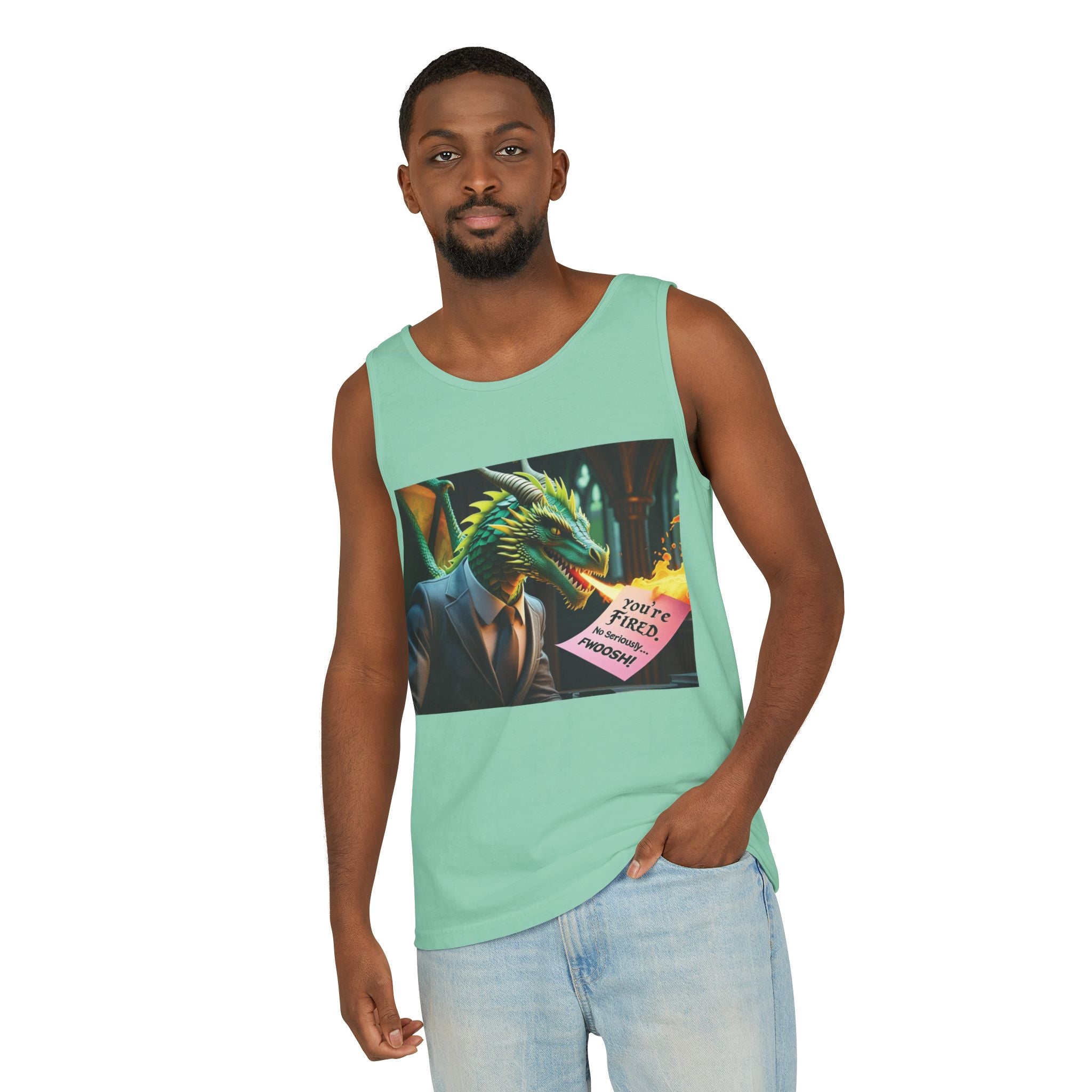 Funny "You're Fired!" Dragon Art Unisex Tank Top, Soft Fabric, Summer Essential, Perfect for Festivals, Gifts for Fantasy Lovers, Casual Wear