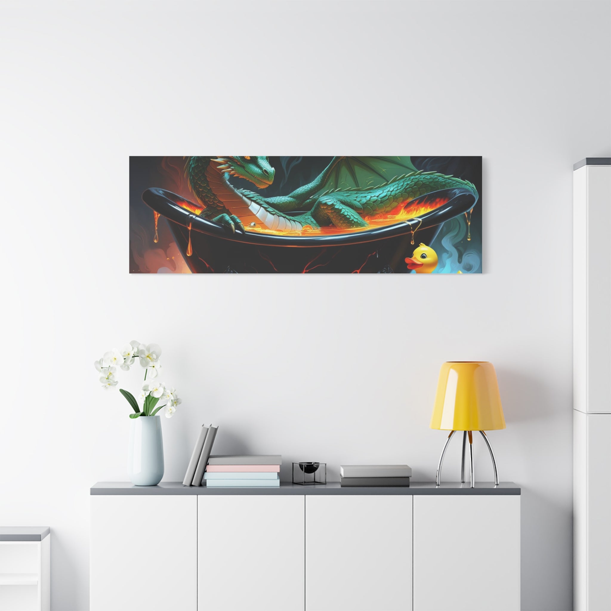 Whimsical Dragon In A Tub  Canvas Wall Art, Fantasy Decor, Kids Room Decor, Unique Gifts for Dragon Lovers, Cute Bathroom Art, Magical Home Decor