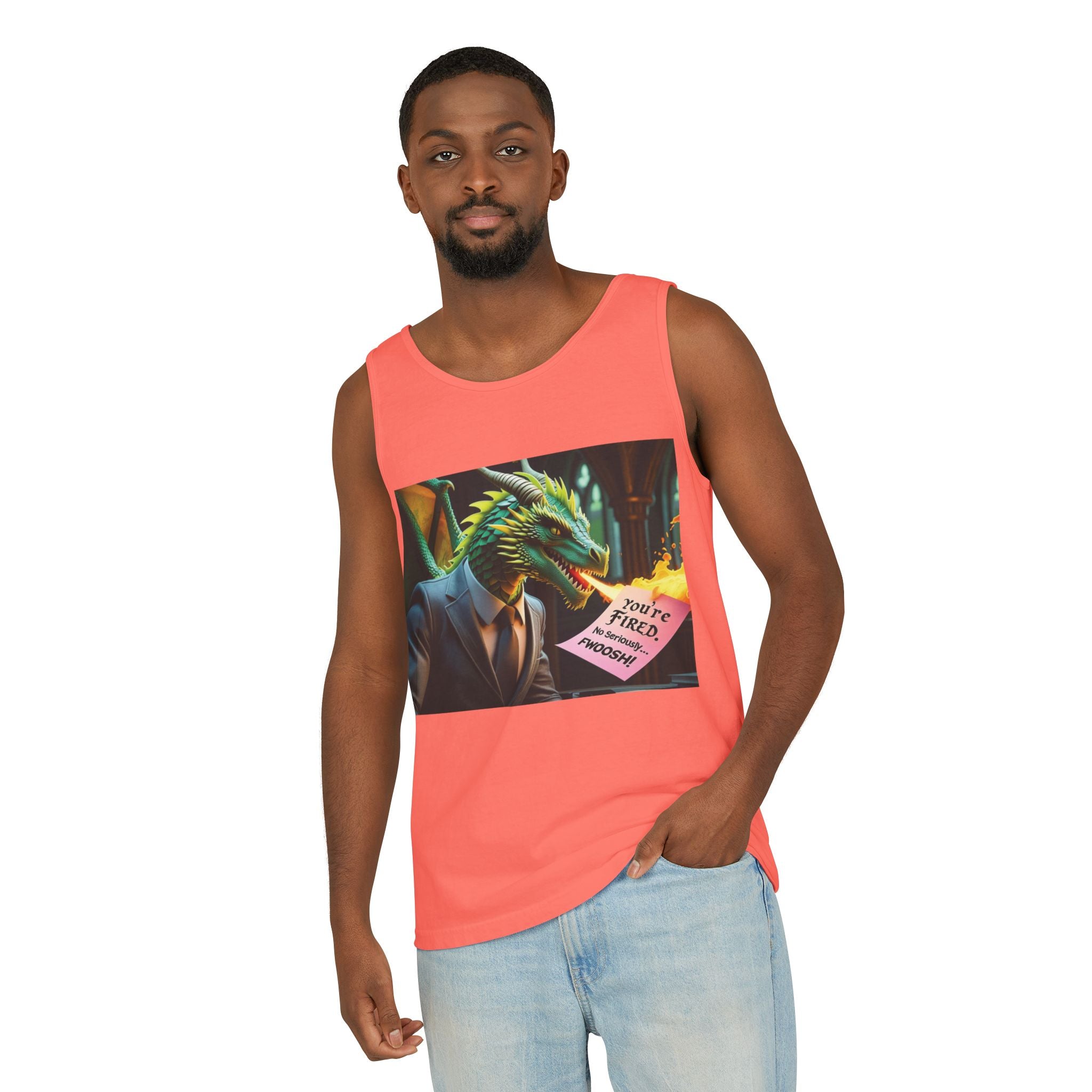 Funny "You're Fired!" Dragon Art Unisex Tank Top, Soft Fabric, Summer Essential, Perfect for Festivals, Gifts for Fantasy Lovers, Casual Wear