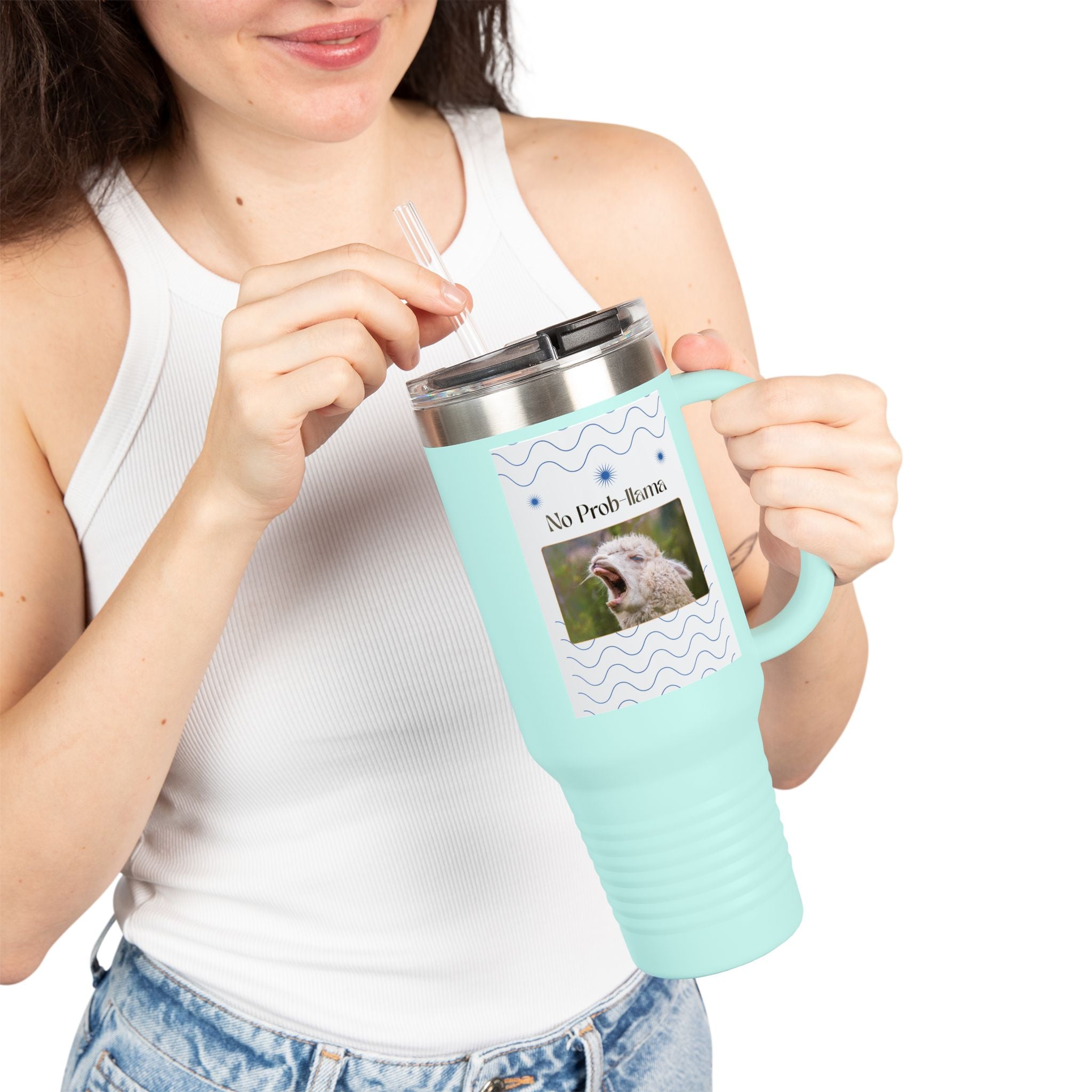 No Prob-Llama 40oz Travel Mug – Funny Llama Coffee Tumbler for Adults | Insulated, Spill-Proof, Adventure-Ready Hydration Gift
