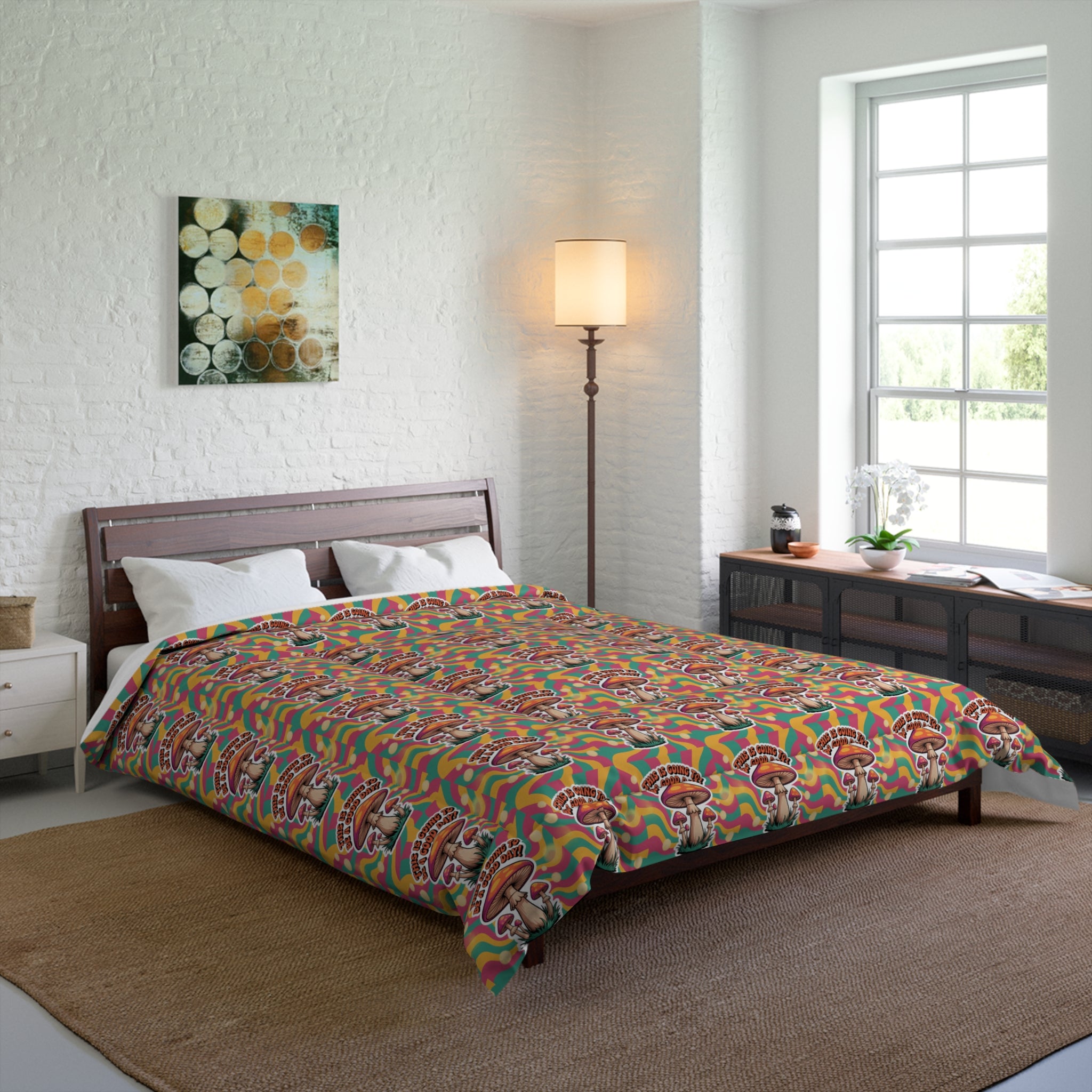 Retro 70s Mushroom Vibrant Boho Comforter, Cozy Bedroom Decor, Colorful Bedding Set, Gift for Home Lovers, Chic Comforter for Every Occasion