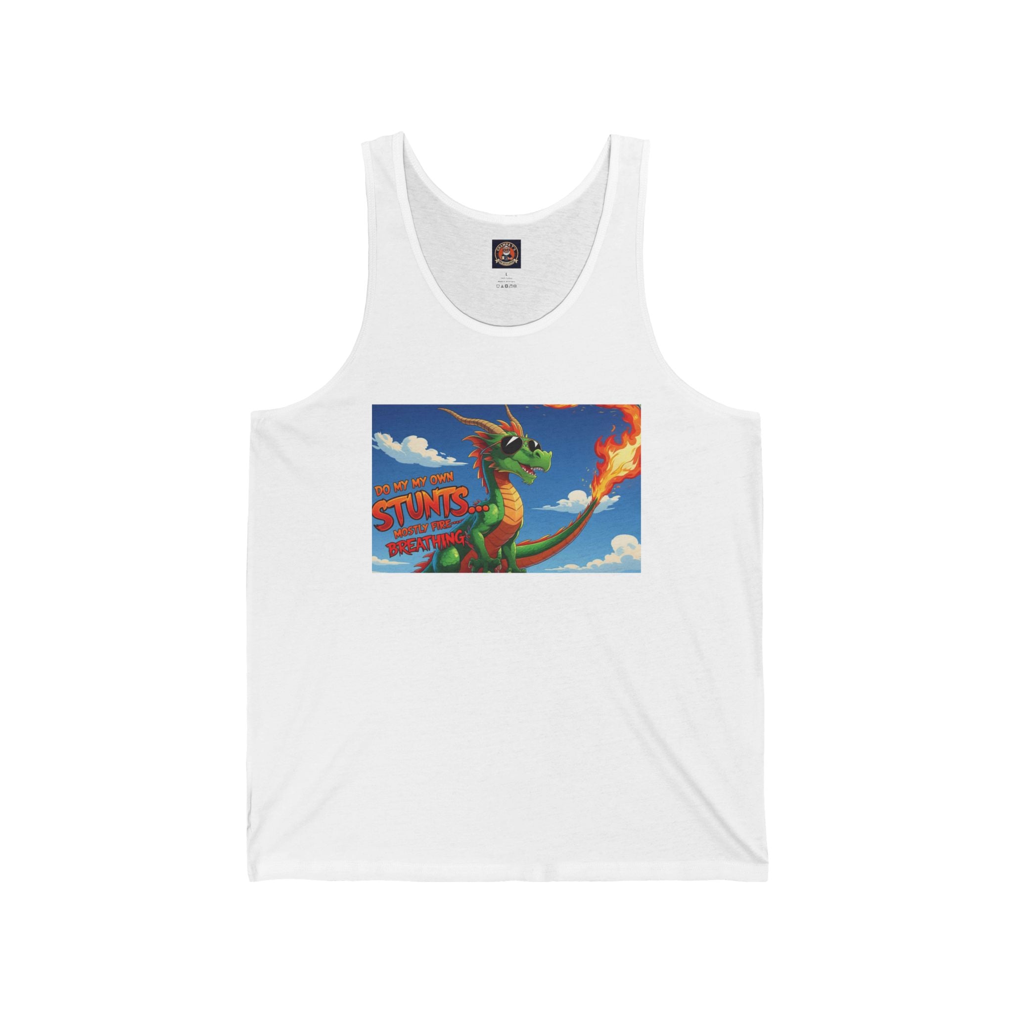 Fun Loving Unisex Jersey Tank featuring Colorful Dragon Design, Summer Apparel, Unique Gift, Fantasy Fanwear, Comfortable Everyday Wear