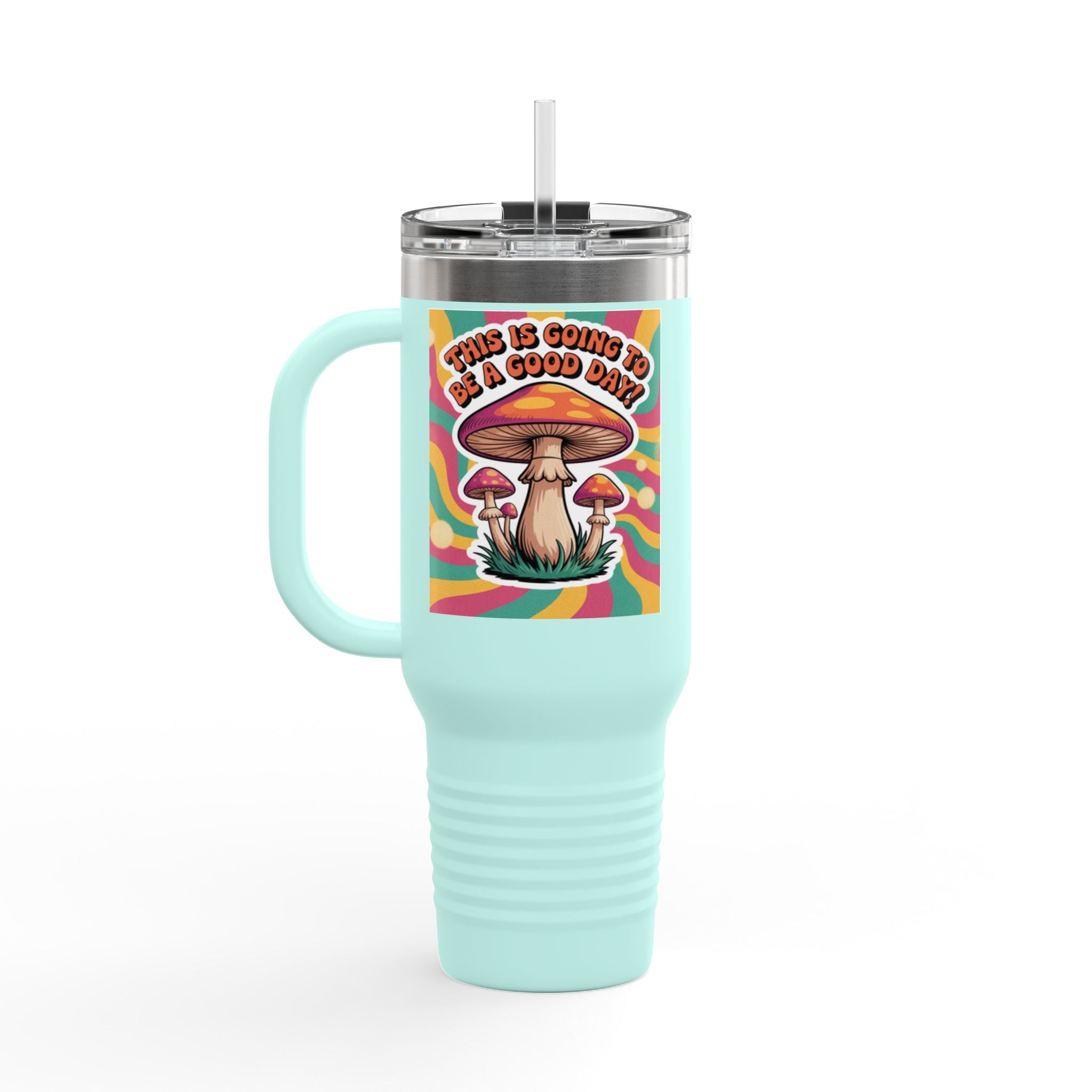 Colorful Happy Mushroom Insulated Travel Mug - Perfect for Adventures, Gifts, Summer Vibes, Camping, Road Trips, Daily Motivation