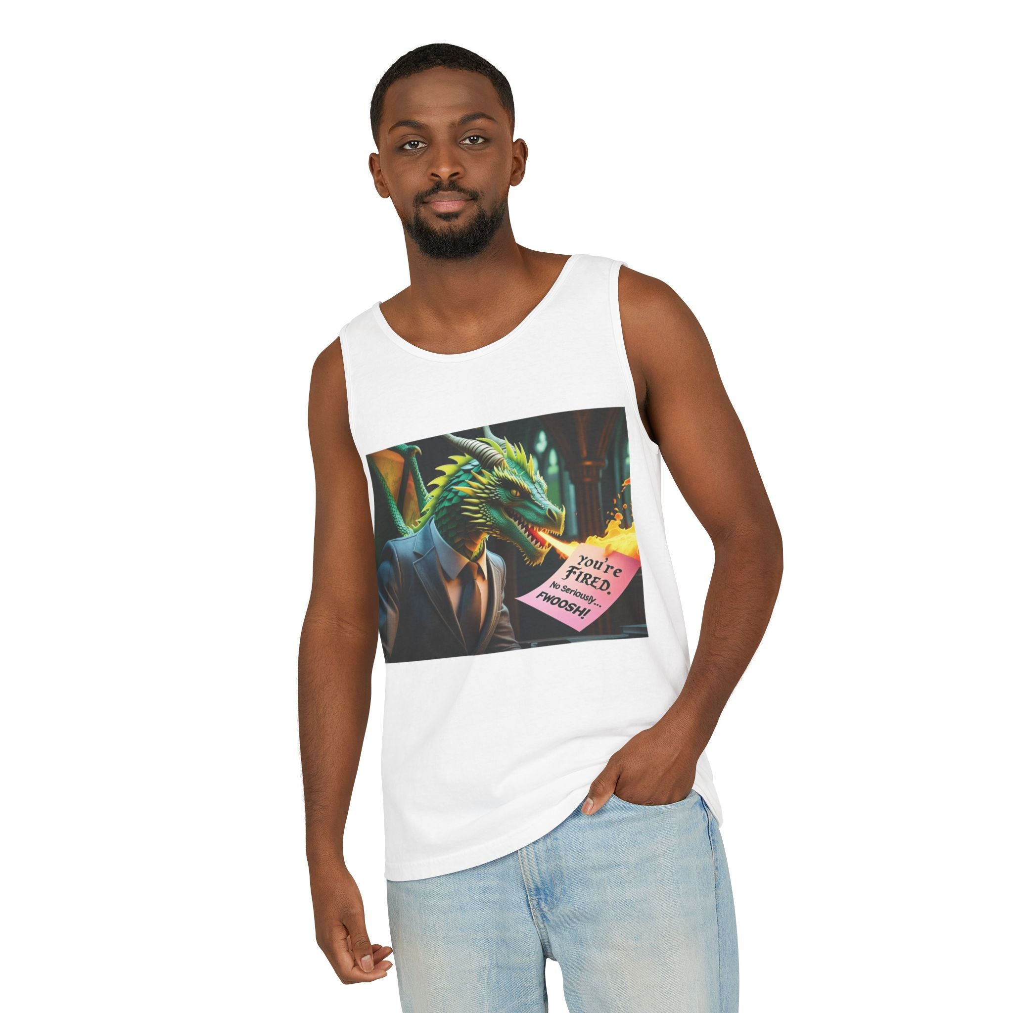 Funny "You're Fired!" Dragon Art Unisex Tank Top, Soft Fabric, Summer Essential, Perfect for Festivals, Gifts for Fantasy Lovers, Casual Wear