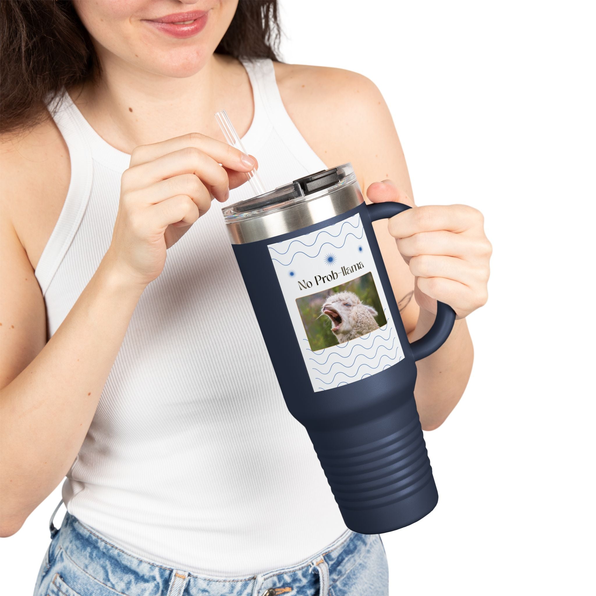 No Prob-Llama 40oz Travel Mug – Funny Llama Coffee Tumbler for Adults | Insulated, Spill-Proof, Adventure-Ready Hydration Gift