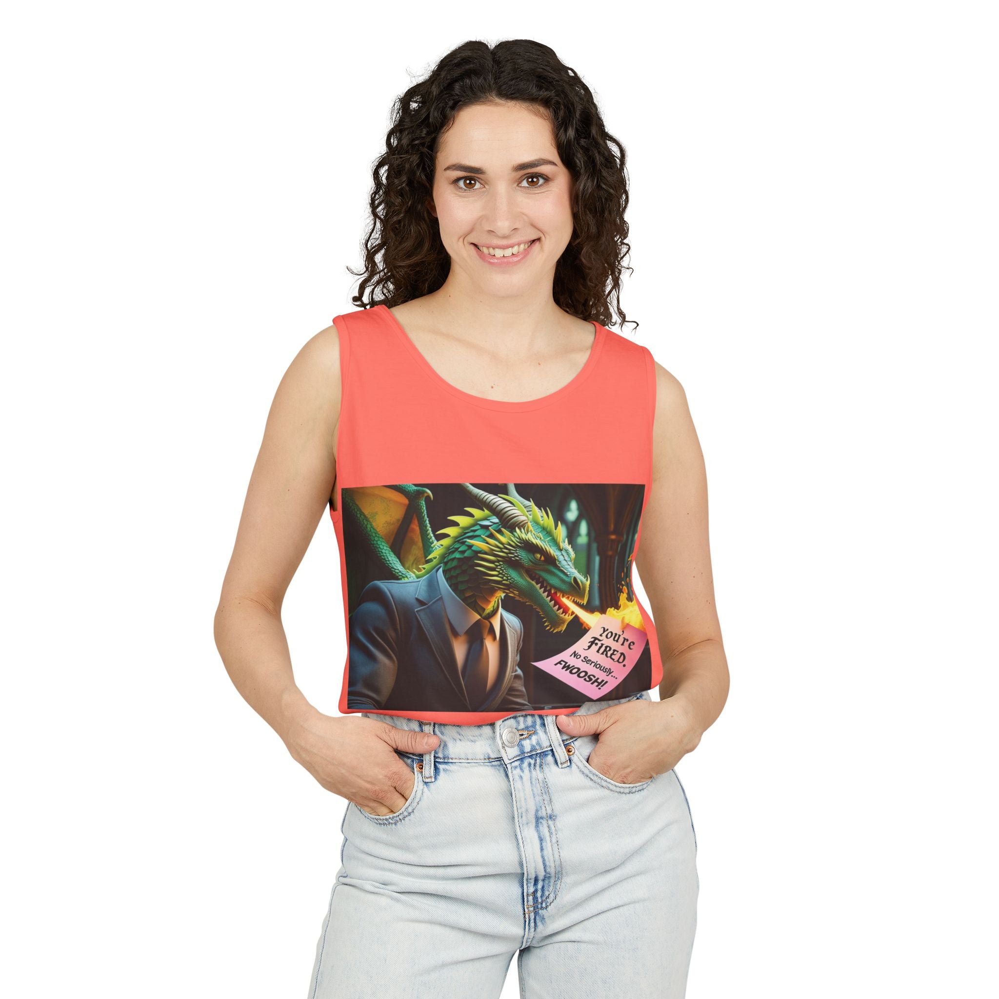 Funny "You're Fired!" Dragon Art Unisex Tank Top, Soft Fabric, Summer Essential, Perfect for Festivals, Gifts for Fantasy Lovers, Casual Wear