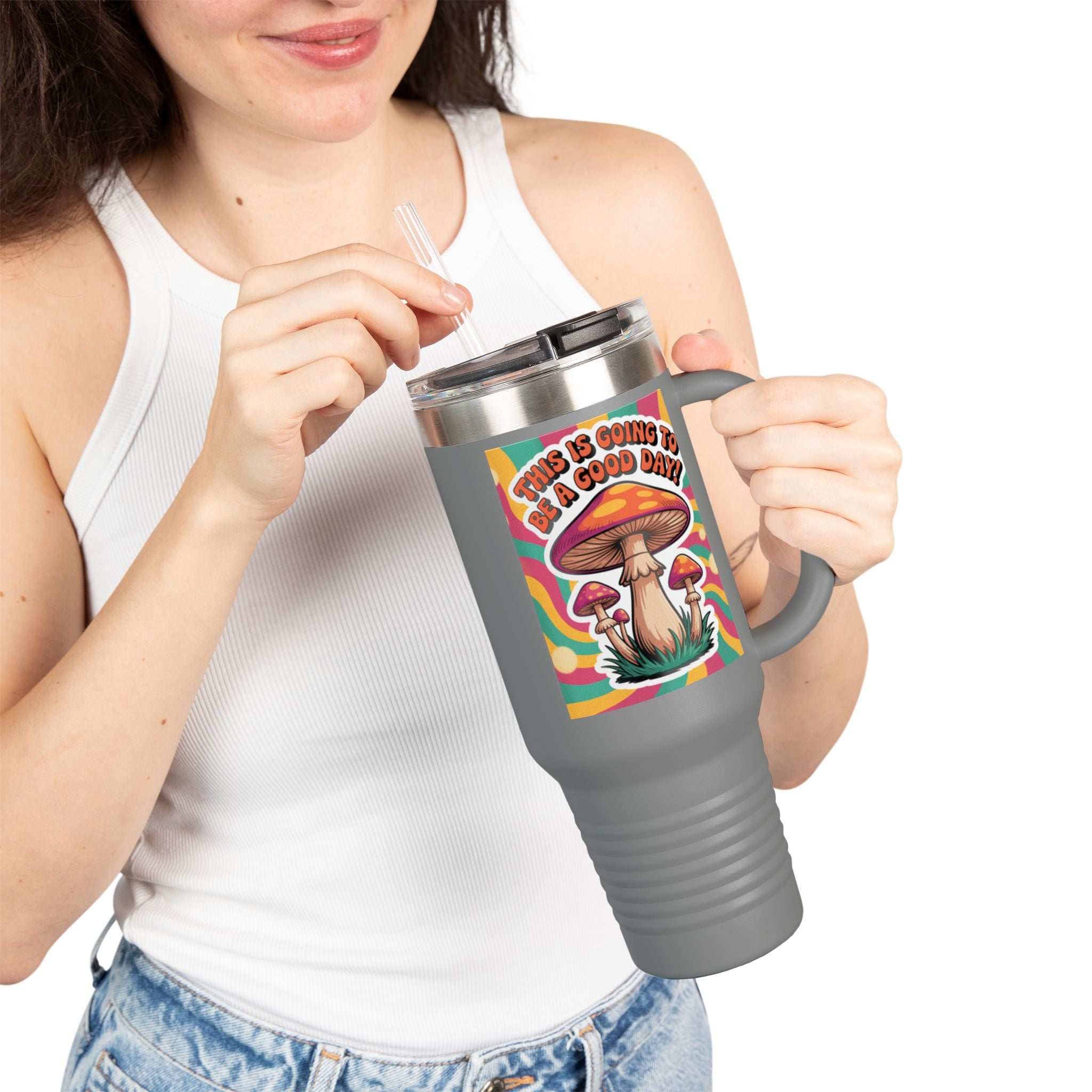 Colorful Happy Mushroom Insulated Travel Mug - Perfect for Adventures, Gifts, Summer Vibes, Camping, Road Trips, Daily Motivation