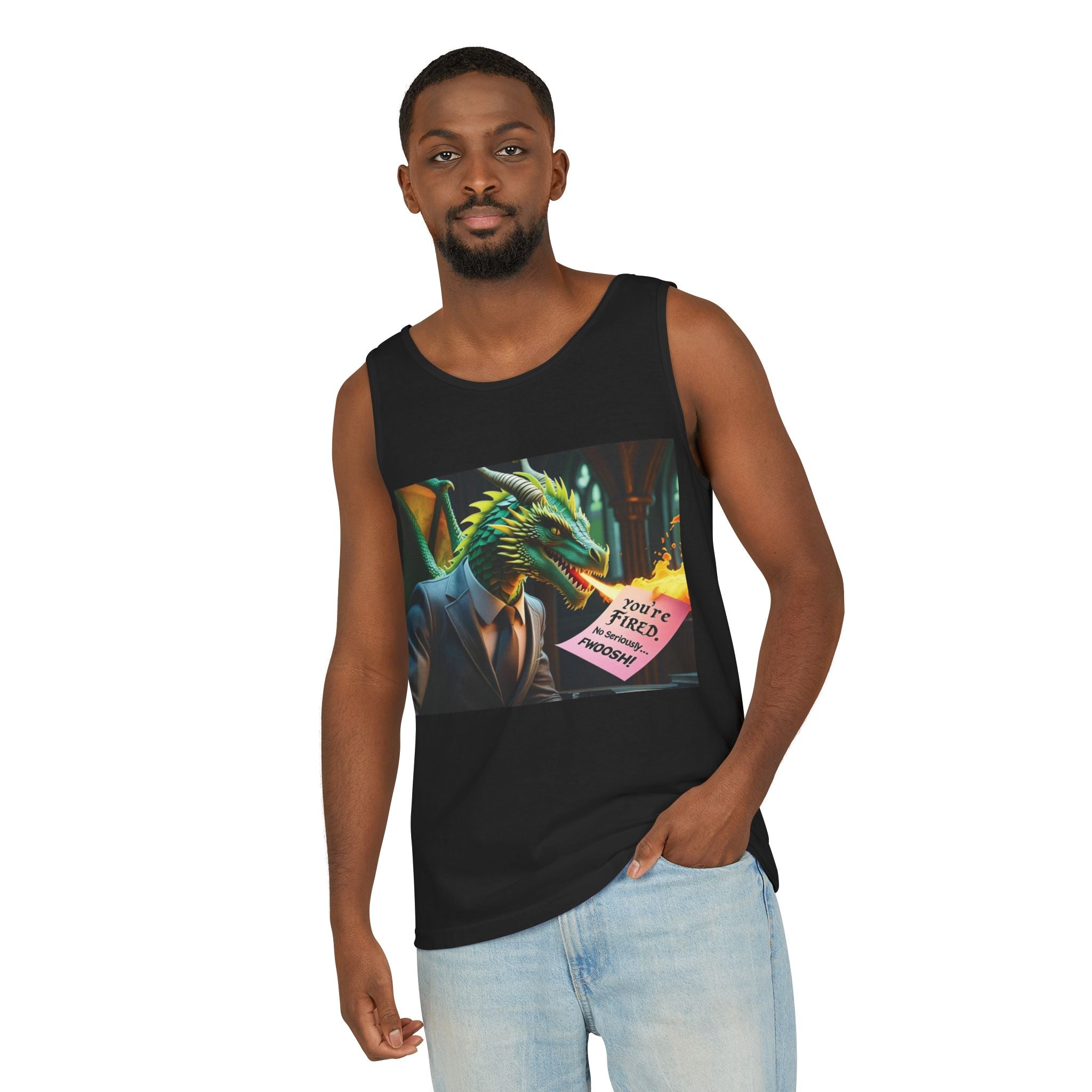 Funny "You're Fired!" Dragon Art Unisex Tank Top, Soft Fabric, Summer Essential, Perfect for Festivals, Gifts for Fantasy Lovers, Casual Wear