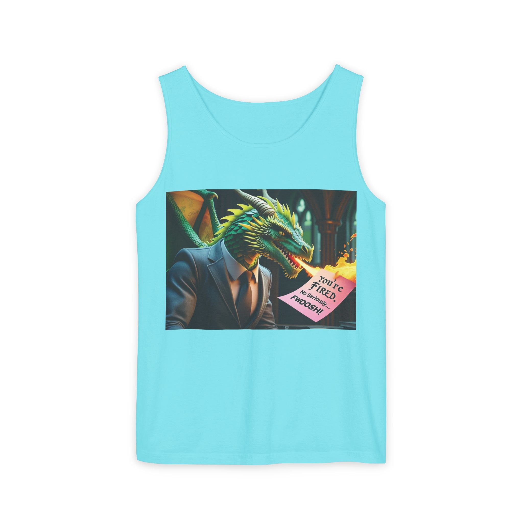 Funny "You're Fired!" Dragon Art Unisex Tank Top, Soft Fabric, Summer Essential, Perfect for Festivals, Gifts for Fantasy Lovers, Casual Wear