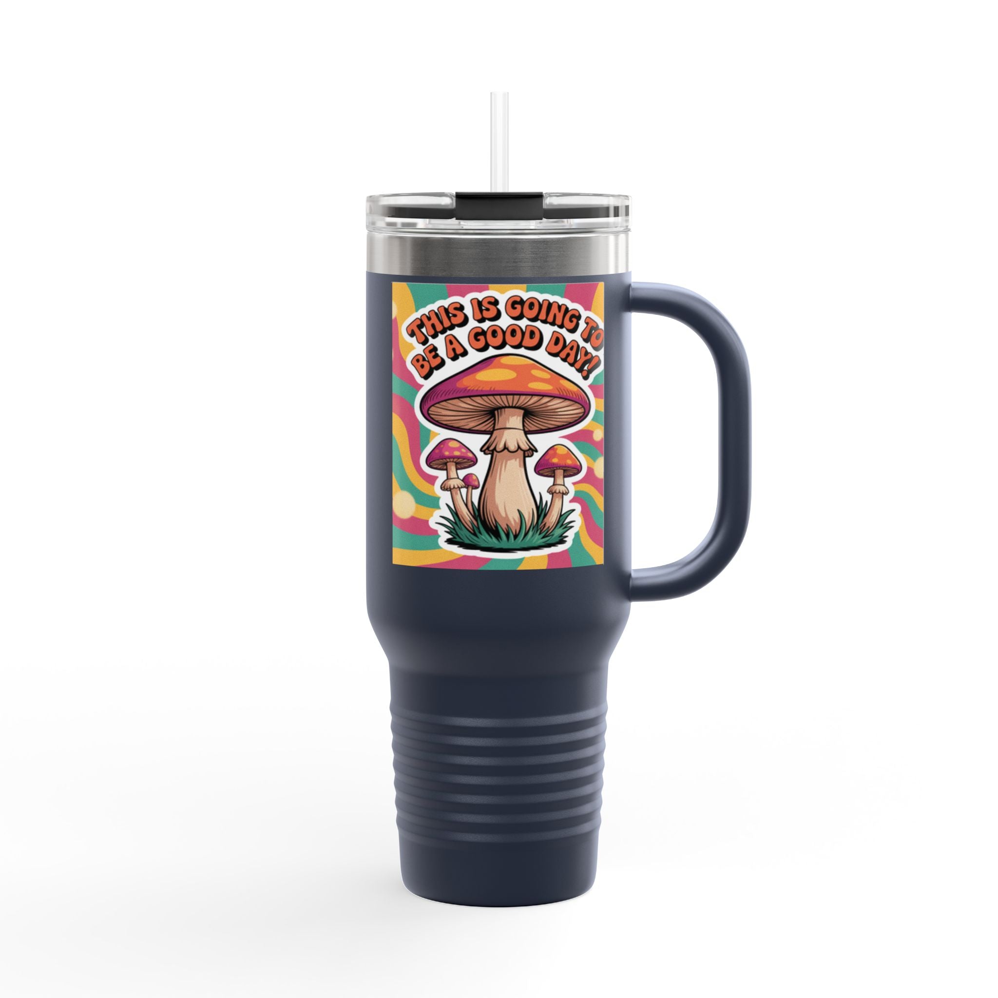 Colorful Happy Mushroom Insulated Travel Mug - Perfect for Adventures, Gifts, Summer Vibes, Camping, Road Trips, Daily Motivation