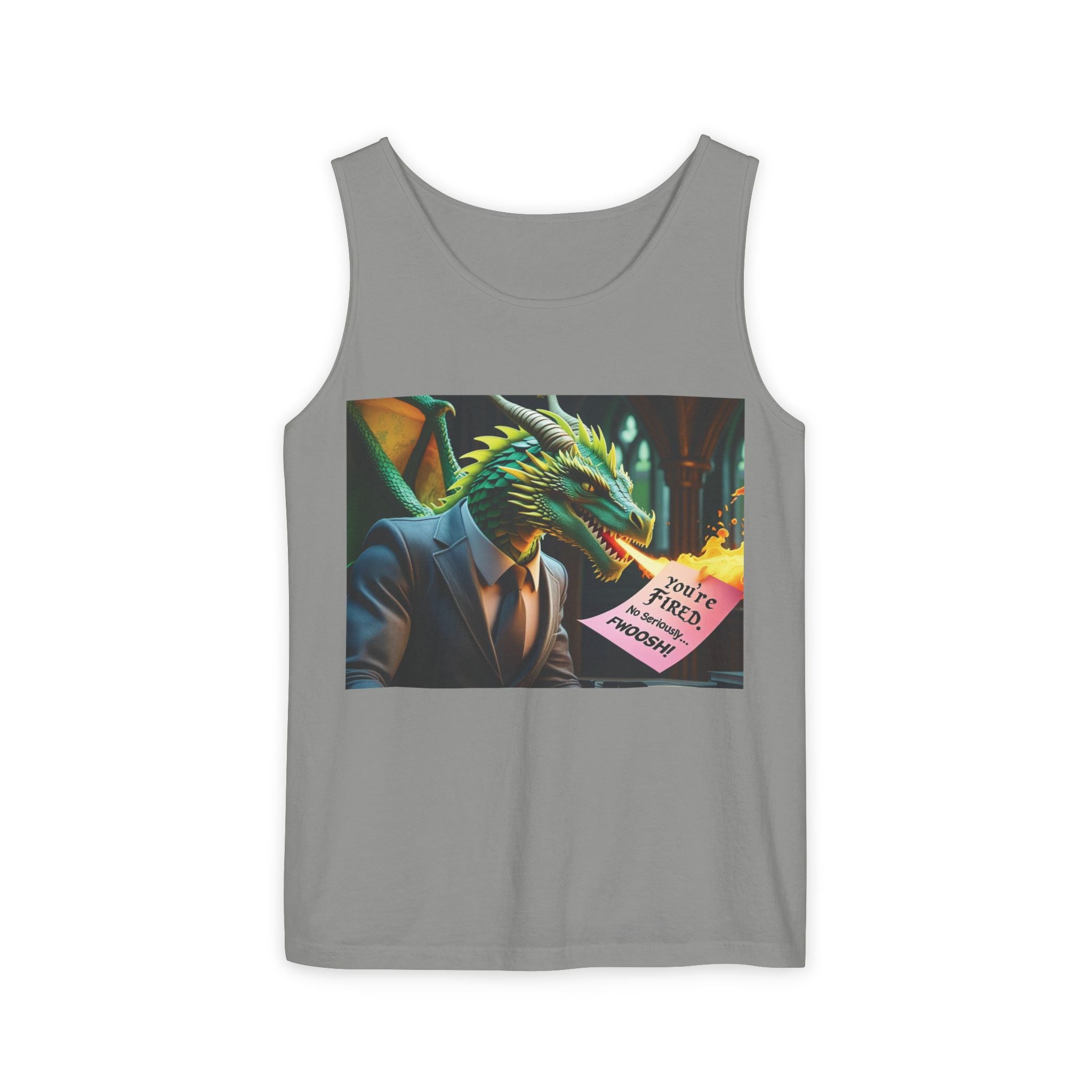 Funny "You're Fired!" Dragon Art Unisex Tank Top, Soft Fabric, Summer Essential, Perfect for Festivals, Gifts for Fantasy Lovers, Casual Wear