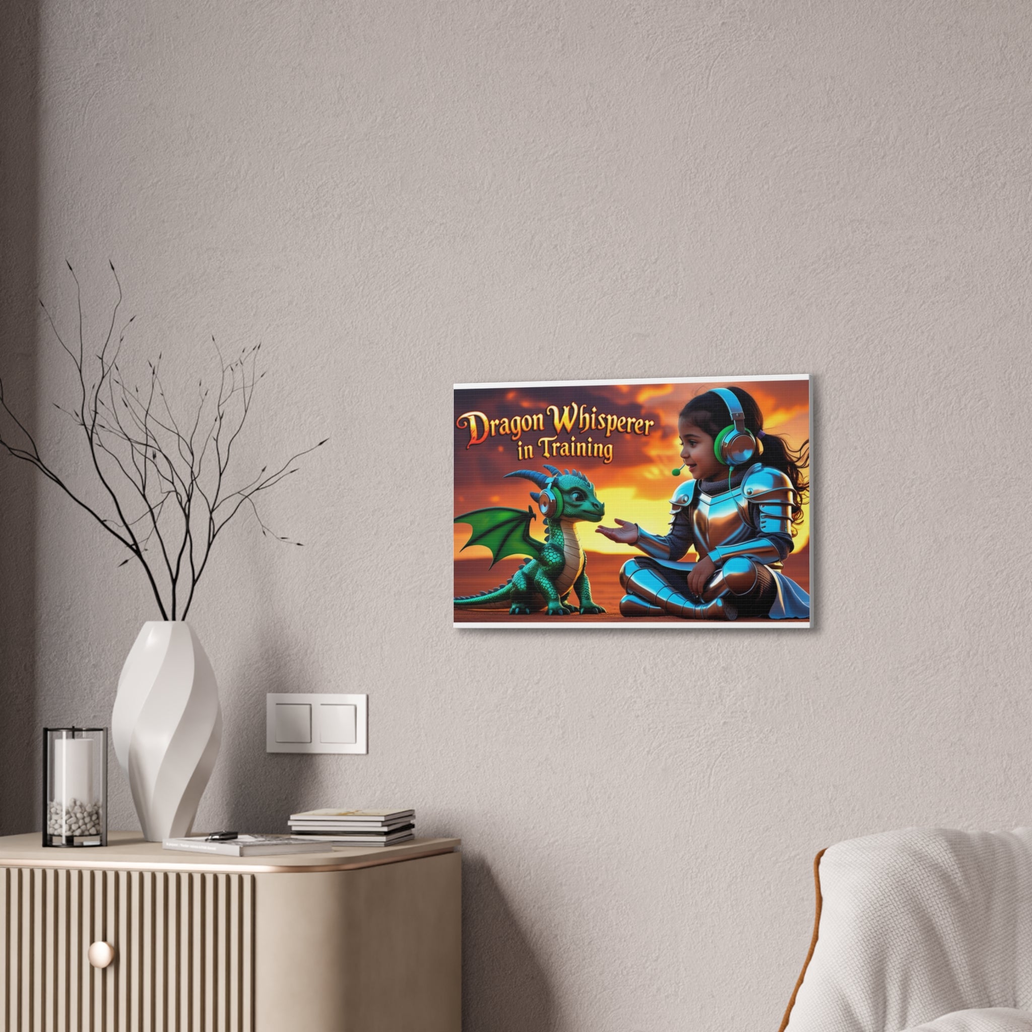 Dragon Whisperer (Girl) Canvas Print, Fantasy Wall Art, Kids Room Decor, Magical Artwork, Gift for Dragon Lovers, Adventure Theme