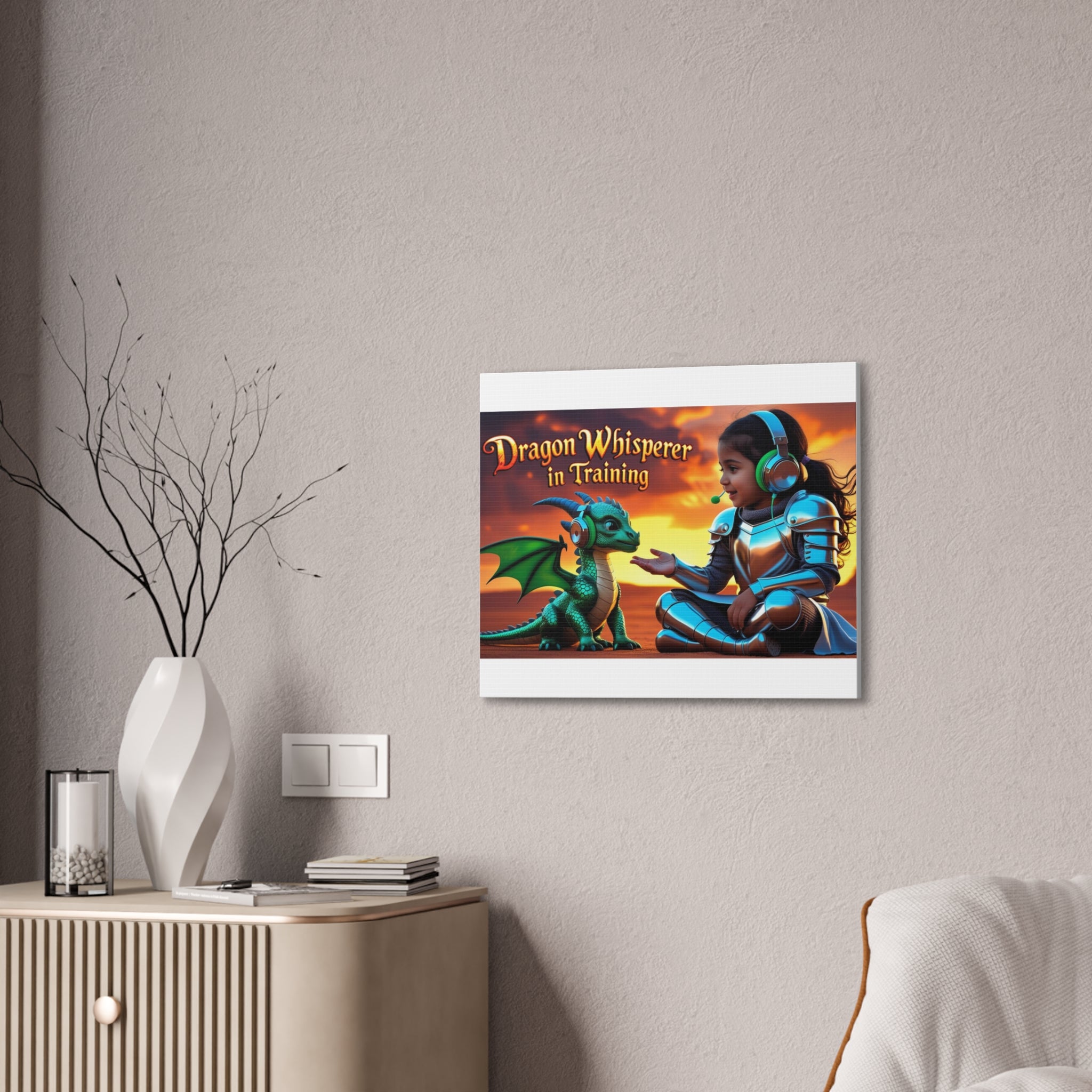 Dragon Whisperer (Girl) Canvas Print, Fantasy Wall Art, Kids Room Decor, Magical Artwork, Gift for Dragon Lovers, Adventure Theme