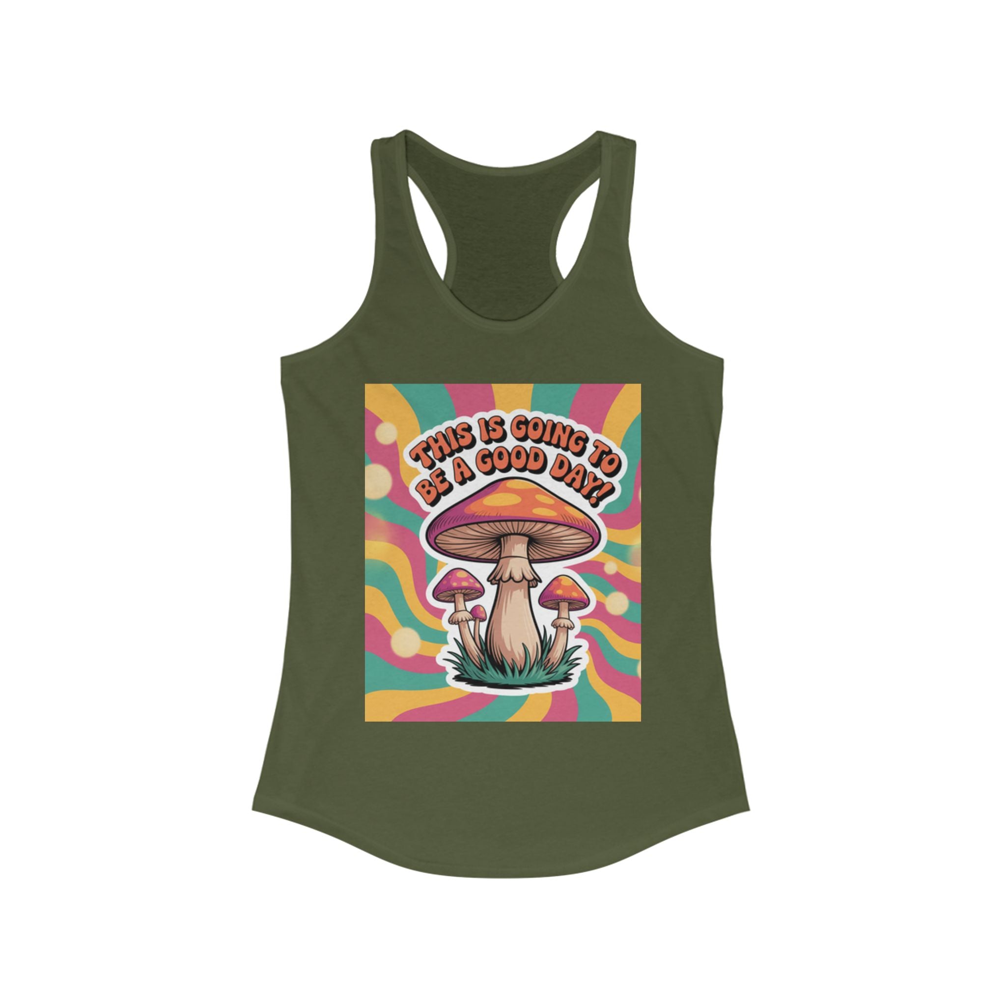 Positive Mushroom Vibe Women's Racerback Tank - Good Day Graphic Tee, Summer Workout Top, Gift for Her, Festival Clothing, Boho Style