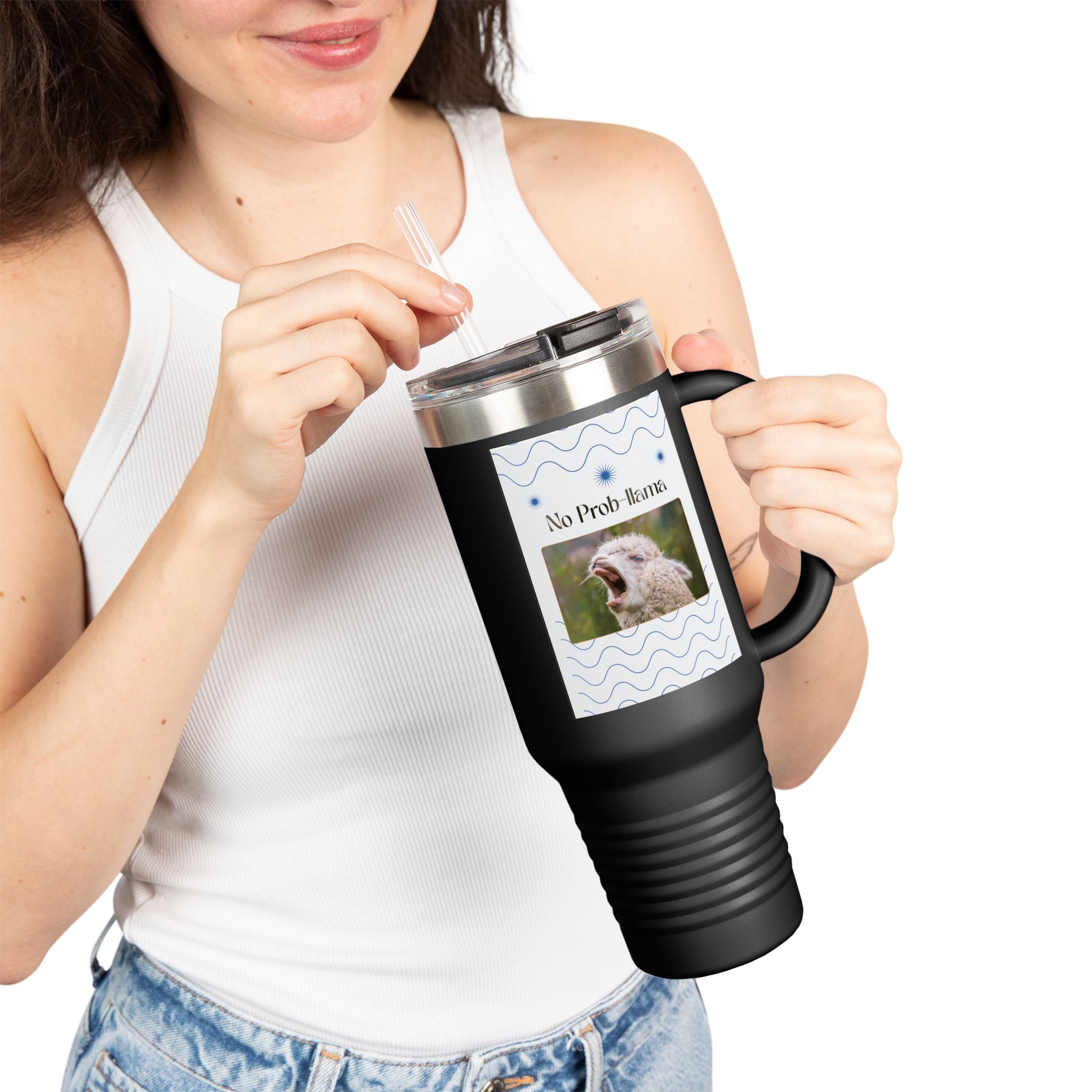 No Prob-Llama 40oz Travel Mug – Funny Llama Coffee Tumbler for Adults | Insulated, Spill-Proof, Adventure-Ready Hydration Gift