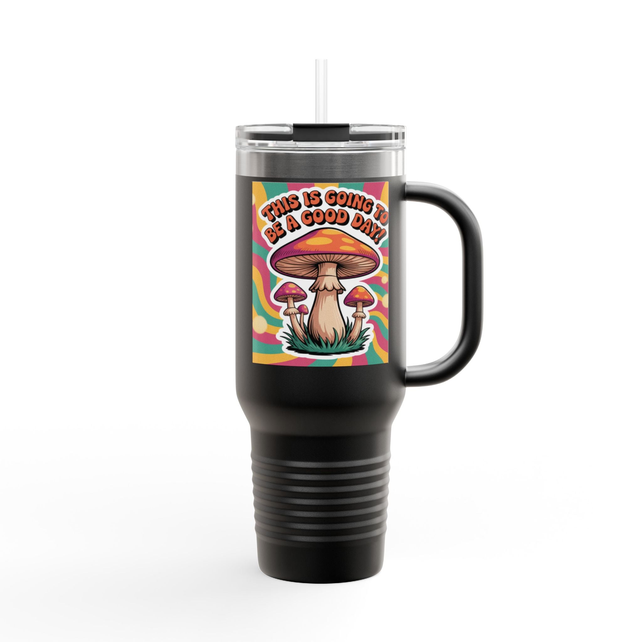 Colorful Happy Mushroom Insulated Travel Mug - Perfect for Adventures, Gifts, Summer Vibes, Camping, Road Trips, Daily Motivation