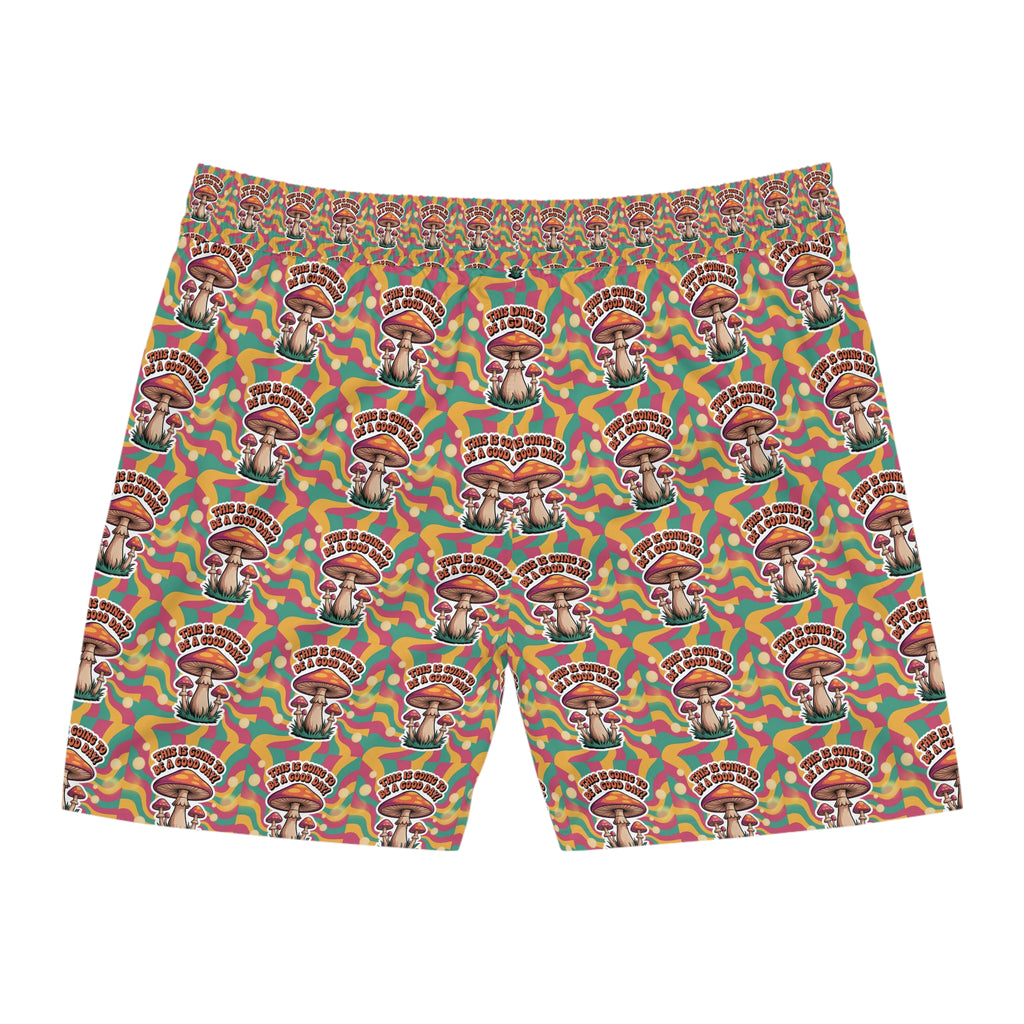 Men's Mid-Length 70's Mushroom Swim Shorts with Colorful Retro Design, Beachwear, Summer Essentials, Men's Fashion, Vacation Swim Trunks