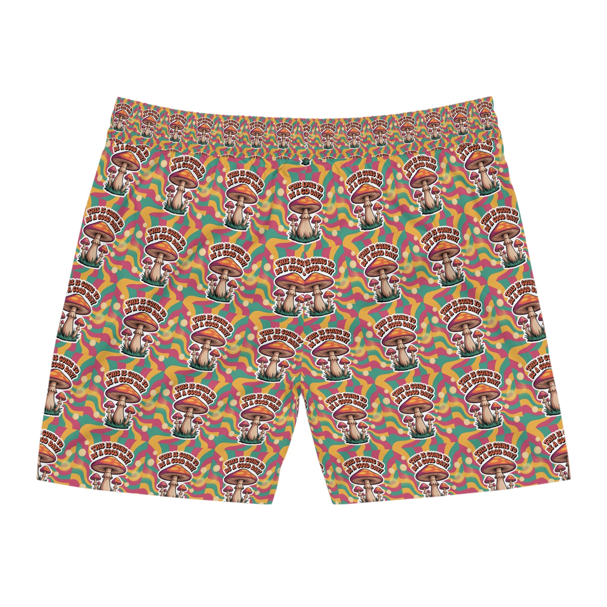 Men's Mid-Length 70's Mushroom Swim Shorts with Colorful Retro Design, Beachwear, Summer Essentials, Men's Fashion, Vacation Swim Trunks