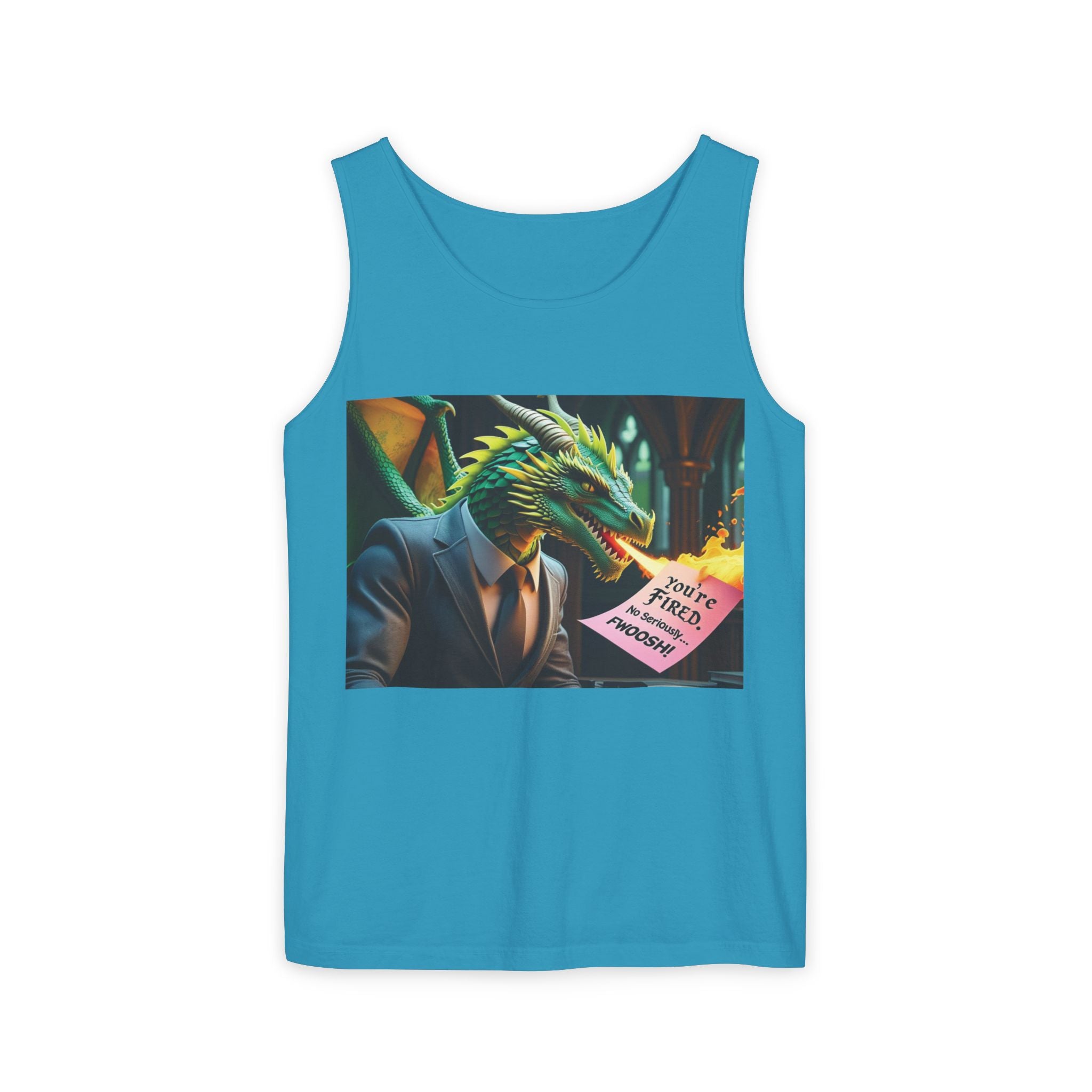 Funny "You're Fired!" Dragon Art Unisex Tank Top, Soft Fabric, Summer Essential, Perfect for Festivals, Gifts for Fantasy Lovers, Casual Wear