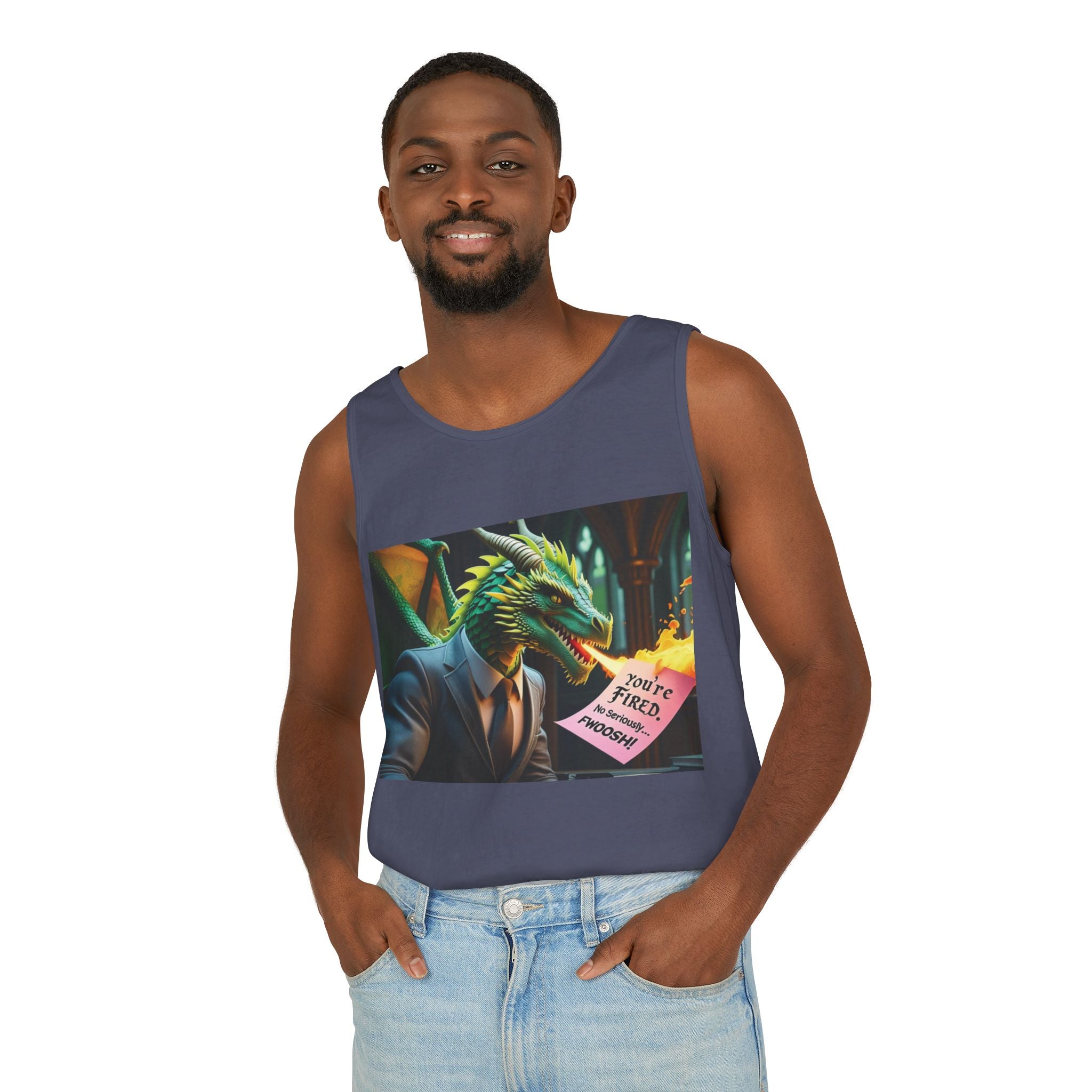 Funny "You're Fired!" Dragon Art Unisex Tank Top, Soft Fabric, Summer Essential, Perfect for Festivals, Gifts for Fantasy Lovers, Casual Wear