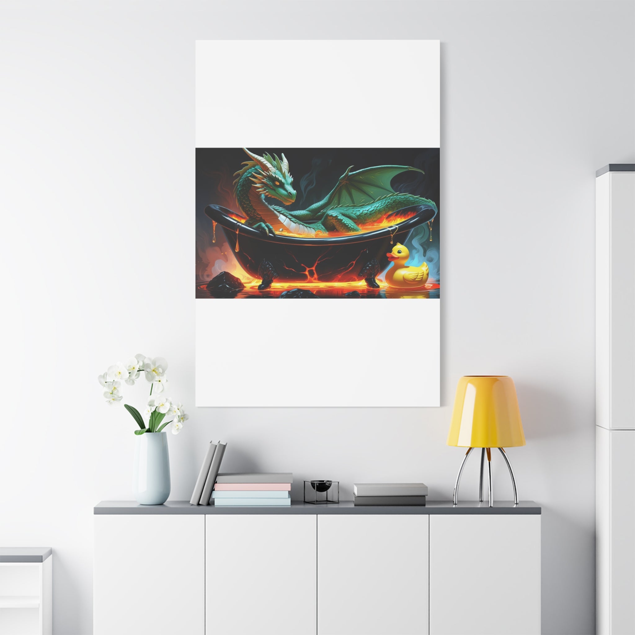 Whimsical Dragon In A Tub  Canvas Wall Art, Fantasy Decor, Kids Room Decor, Unique Gifts for Dragon Lovers, Cute Bathroom Art, Magical Home Decor