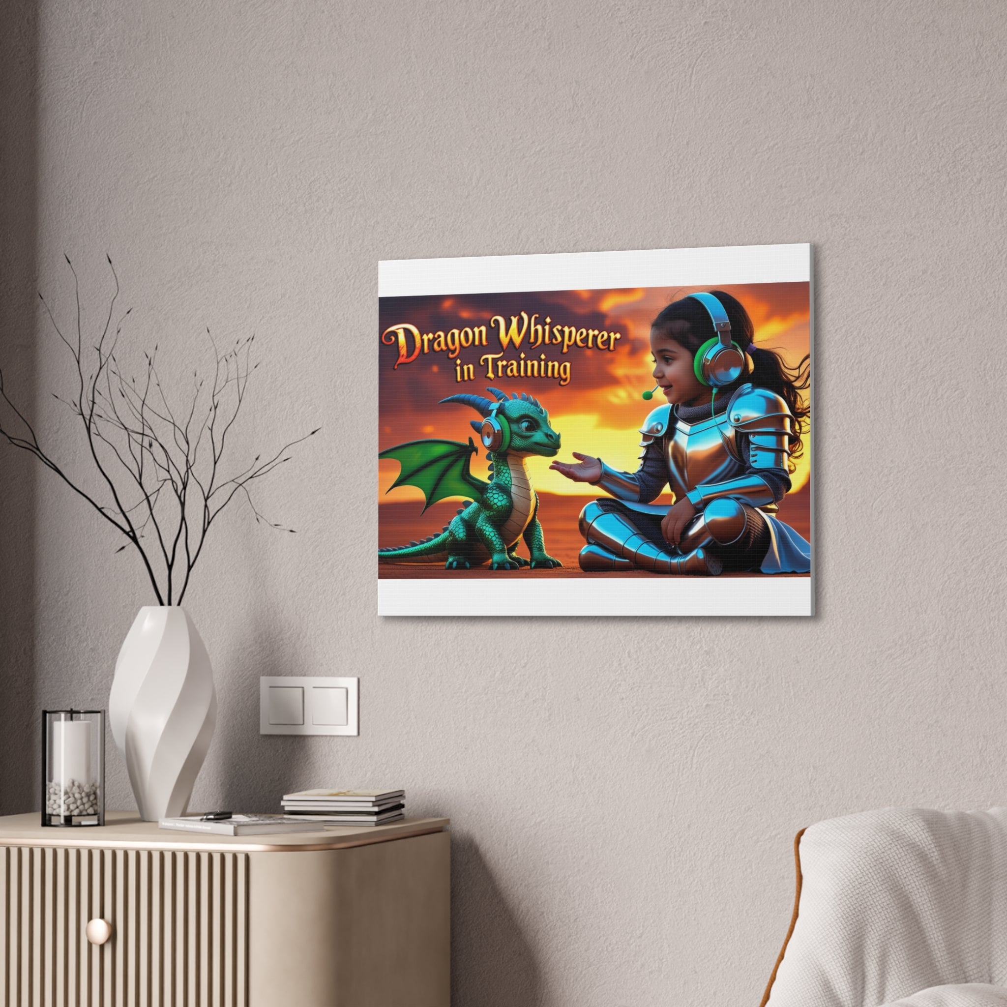 Dragon Whisperer (Girl) Canvas Print, Fantasy Wall Art, Kids Room Decor, Magical Artwork, Gift for Dragon Lovers, Adventure Theme