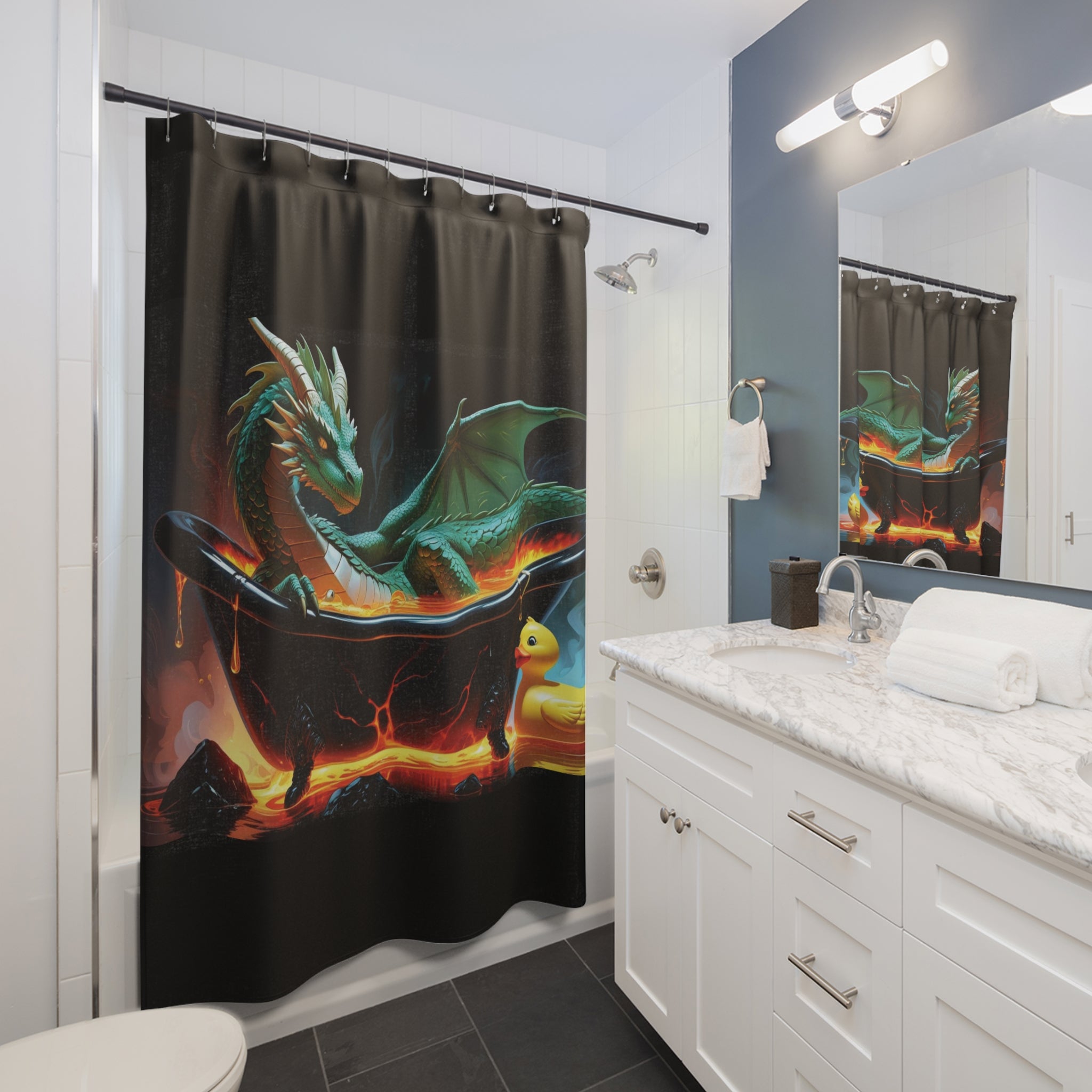 Fun Fantasy Dragon In Tub With Rubber Ducky Shower Curtain, Magical Bathroom Decor, Gift for Fantasy Lovers, Unique Home Accent, Dragon Art