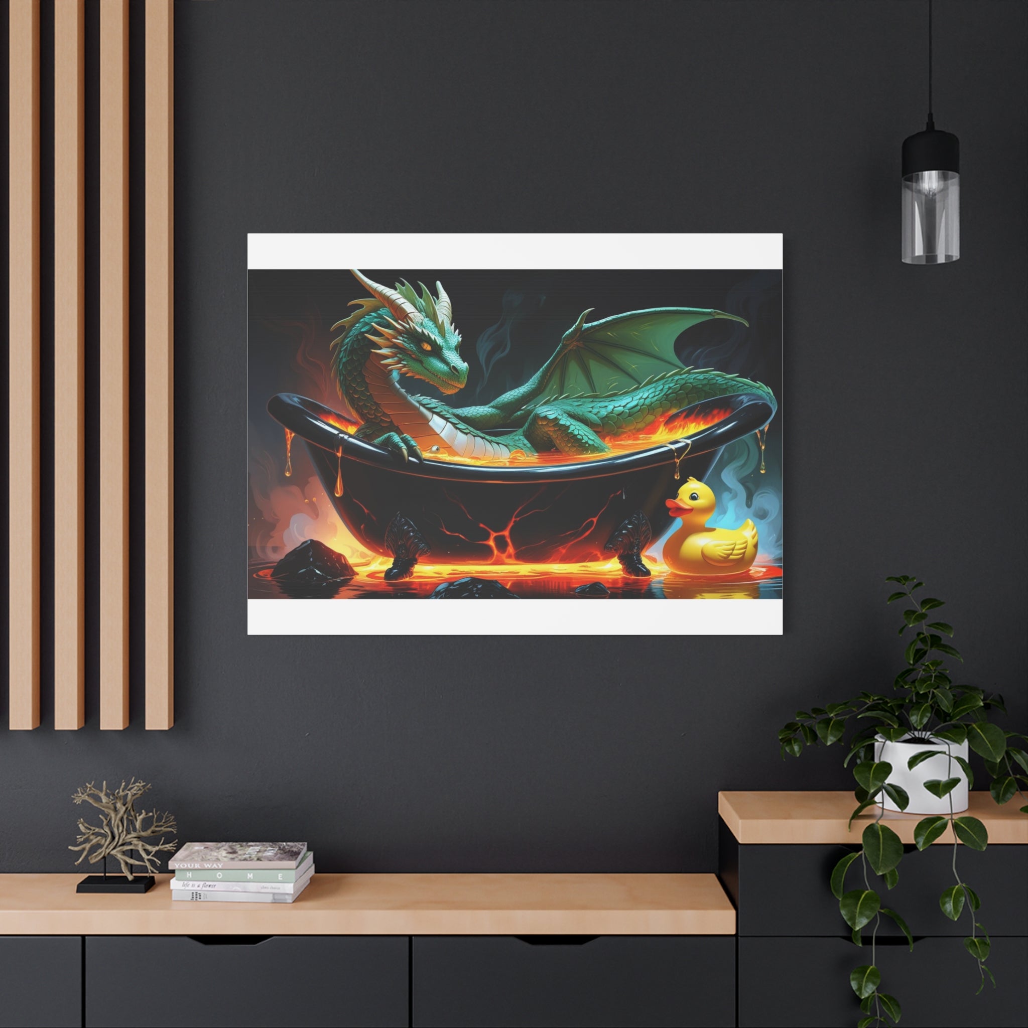 Whimsical Dragon In A Tub  Canvas Wall Art, Fantasy Decor, Kids Room Decor, Unique Gifts for Dragon Lovers, Cute Bathroom Art, Magical Home Decor