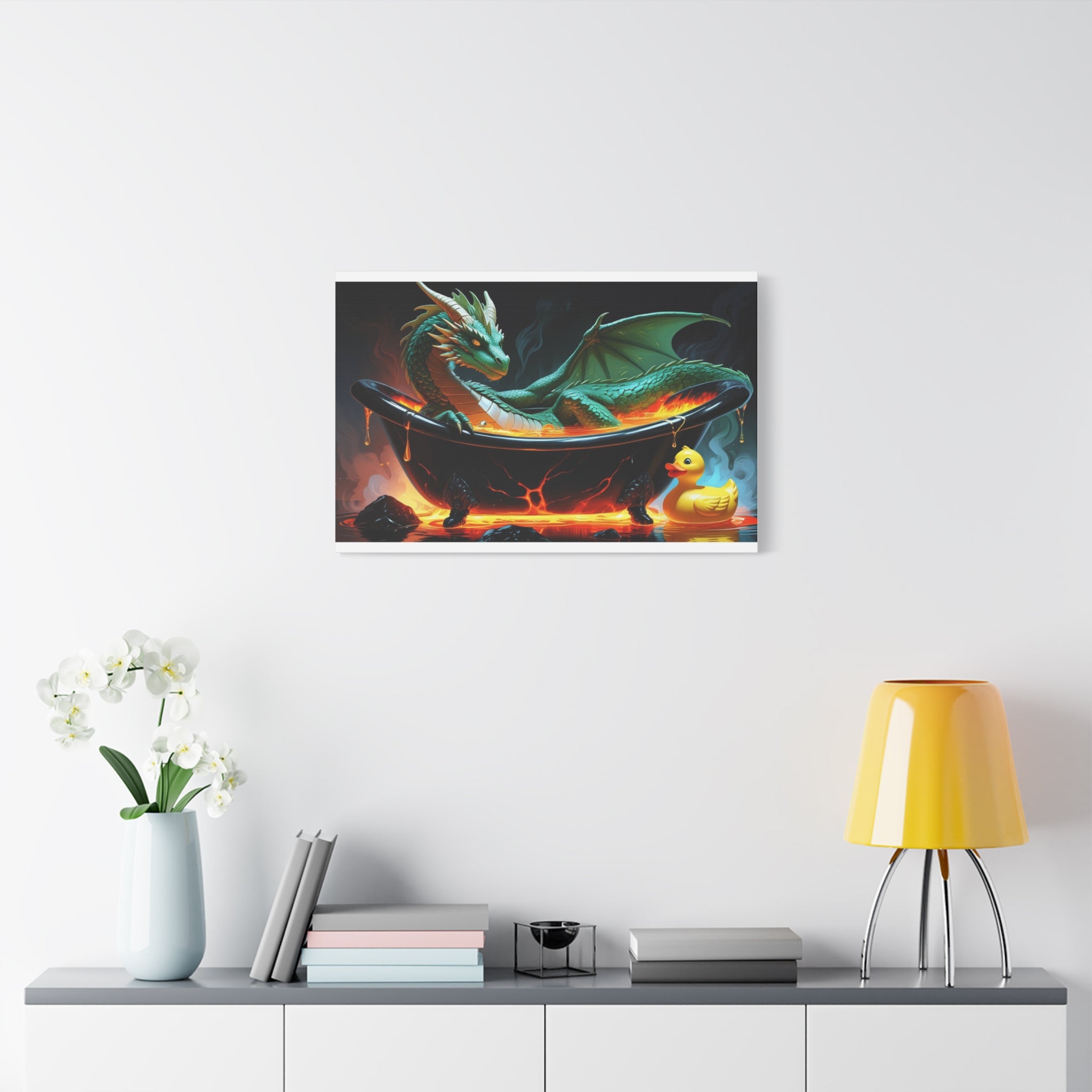 Whimsical Dragon In A Tub  Canvas Wall Art, Fantasy Decor, Kids Room Decor, Unique Gifts for Dragon Lovers, Cute Bathroom Art, Magical Home Decor