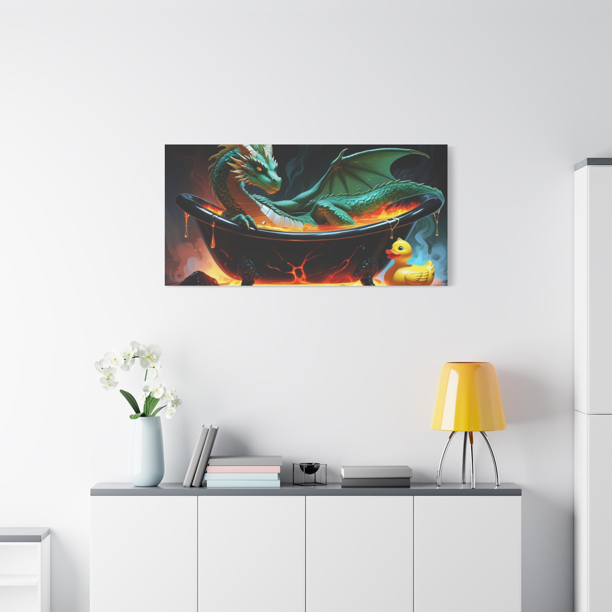 Whimsical Dragon In A Tub  Canvas Wall Art, Fantasy Decor, Kids Room Decor, Unique Gifts for Dragon Lovers, Cute Bathroom Art, Magical Home Decor