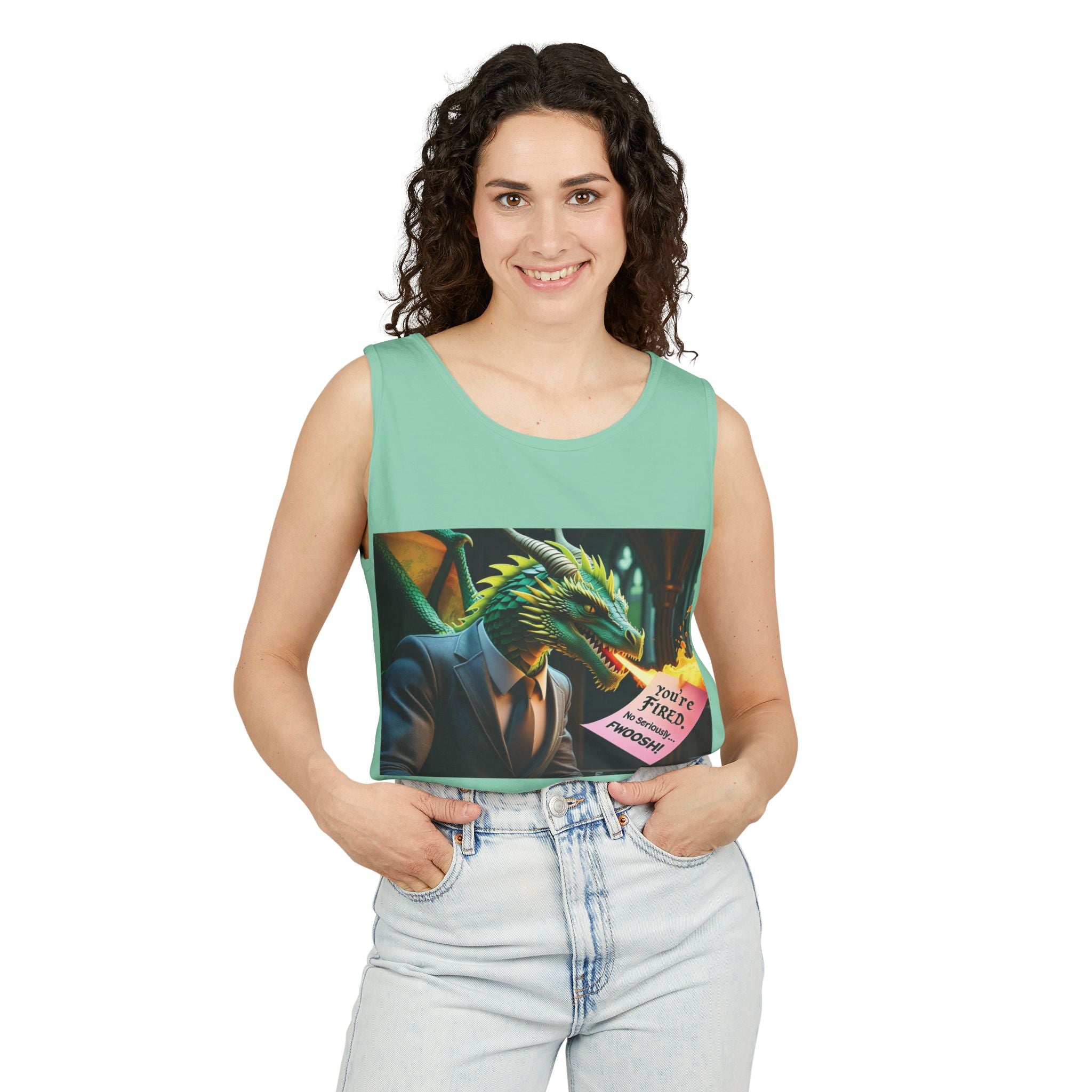 Funny "You're Fired!" Dragon Art Unisex Tank Top, Soft Fabric, Summer Essential, Perfect for Festivals, Gifts for Fantasy Lovers, Casual Wear