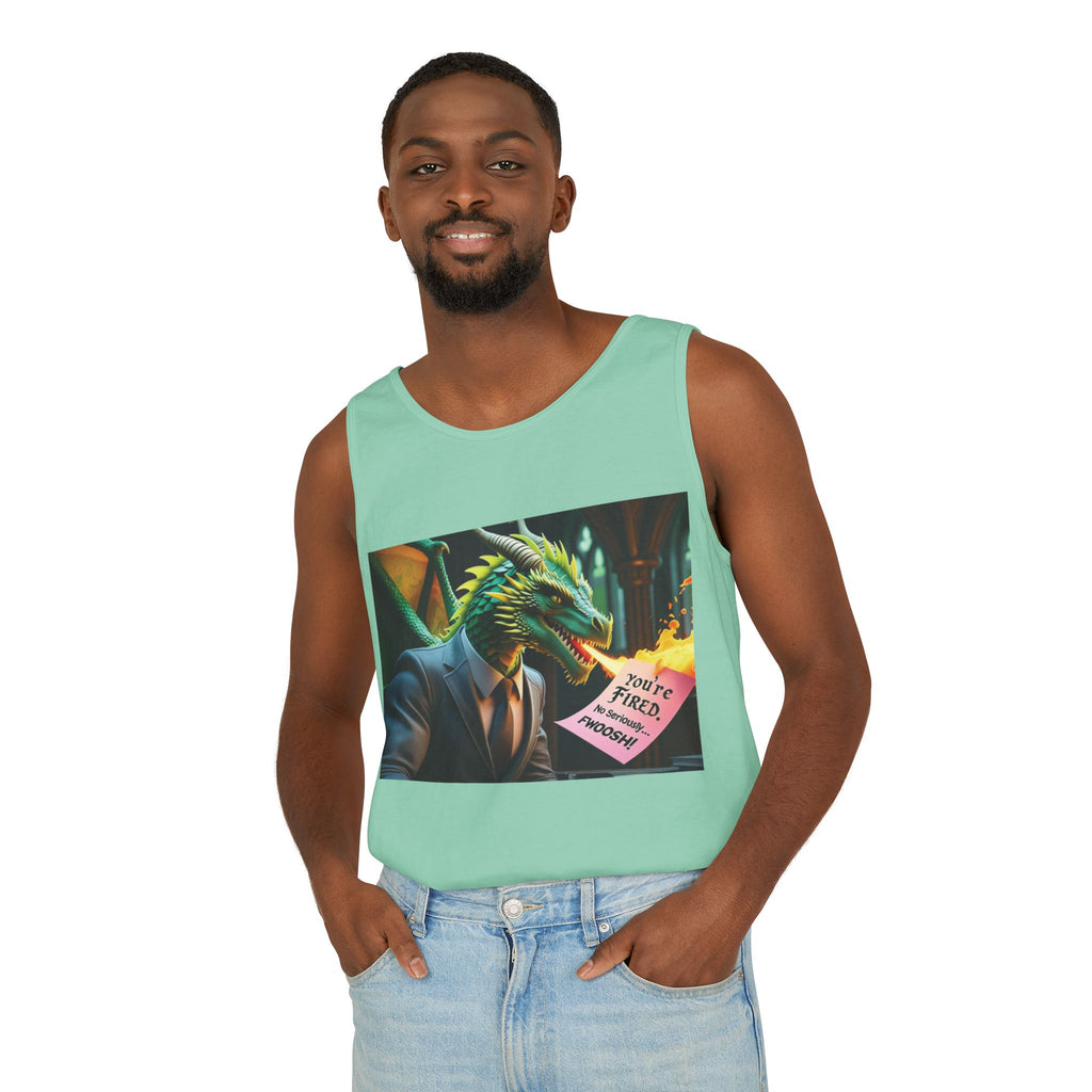 Funny "You're Fired!" Dragon Art Unisex Tank Top, Soft Fabric, Summer Essential, Perfect for Festivals, Gifts for Fantasy Lovers, Casual Wear