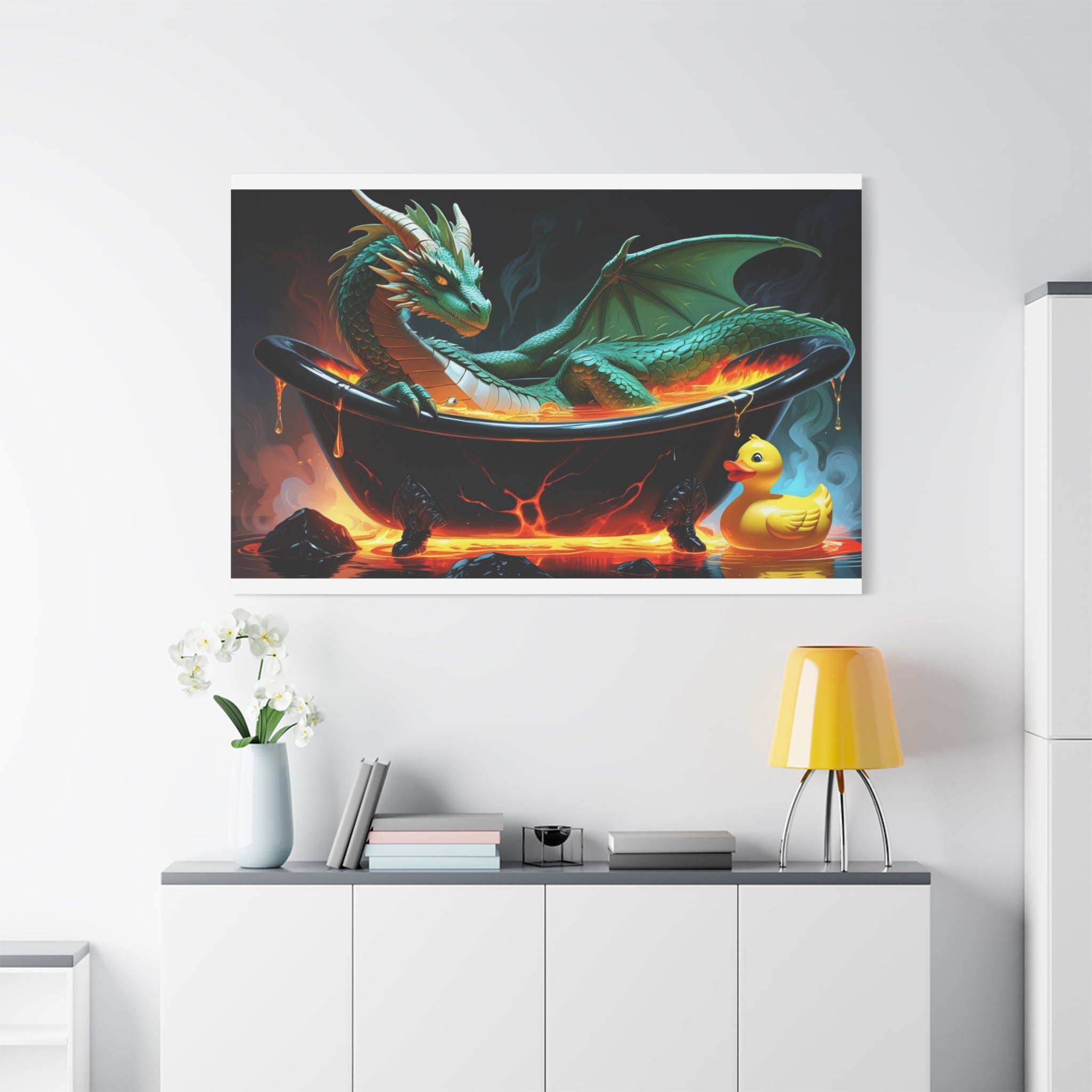 Whimsical Dragon In A Tub  Canvas Wall Art, Fantasy Decor, Kids Room Decor, Unique Gifts for Dragon Lovers, Cute Bathroom Art, Magical Home Decor