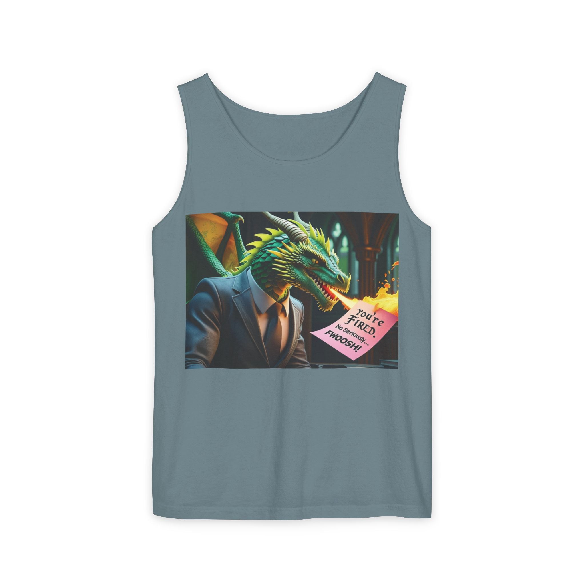 Funny "You're Fired!" Dragon Art Unisex Tank Top, Soft Fabric, Summer Essential, Perfect for Festivals, Gifts for Fantasy Lovers, Casual Wear