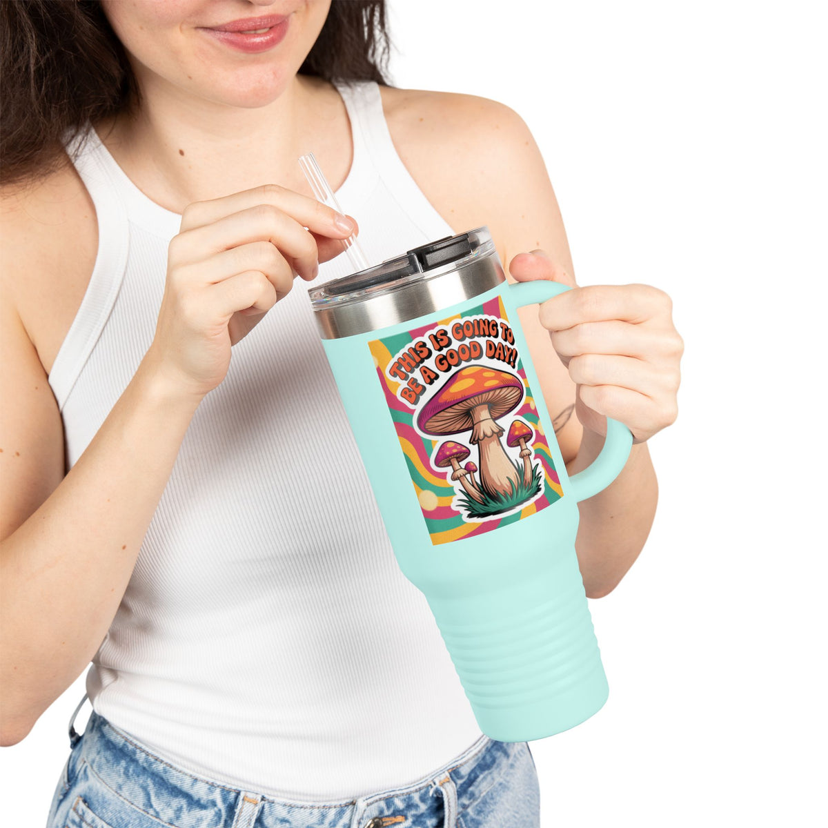 Colorful Happy Mushroom Insulated Travel Mug - Perfect for Adventures, Gifts, Summer Vibes, Camping, Road Trips, Daily Motivation