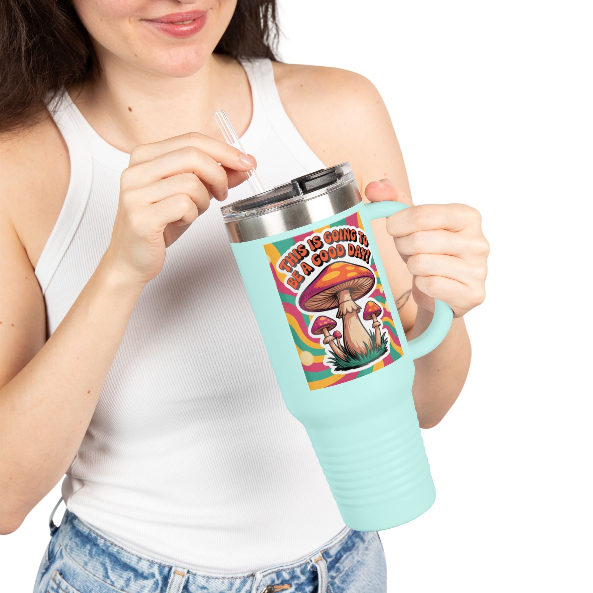 Colorful Happy Mushroom Insulated Travel Mug - Perfect for Adventures, Gifts, Summer Vibes, Camping, Road Trips, Daily Motivation